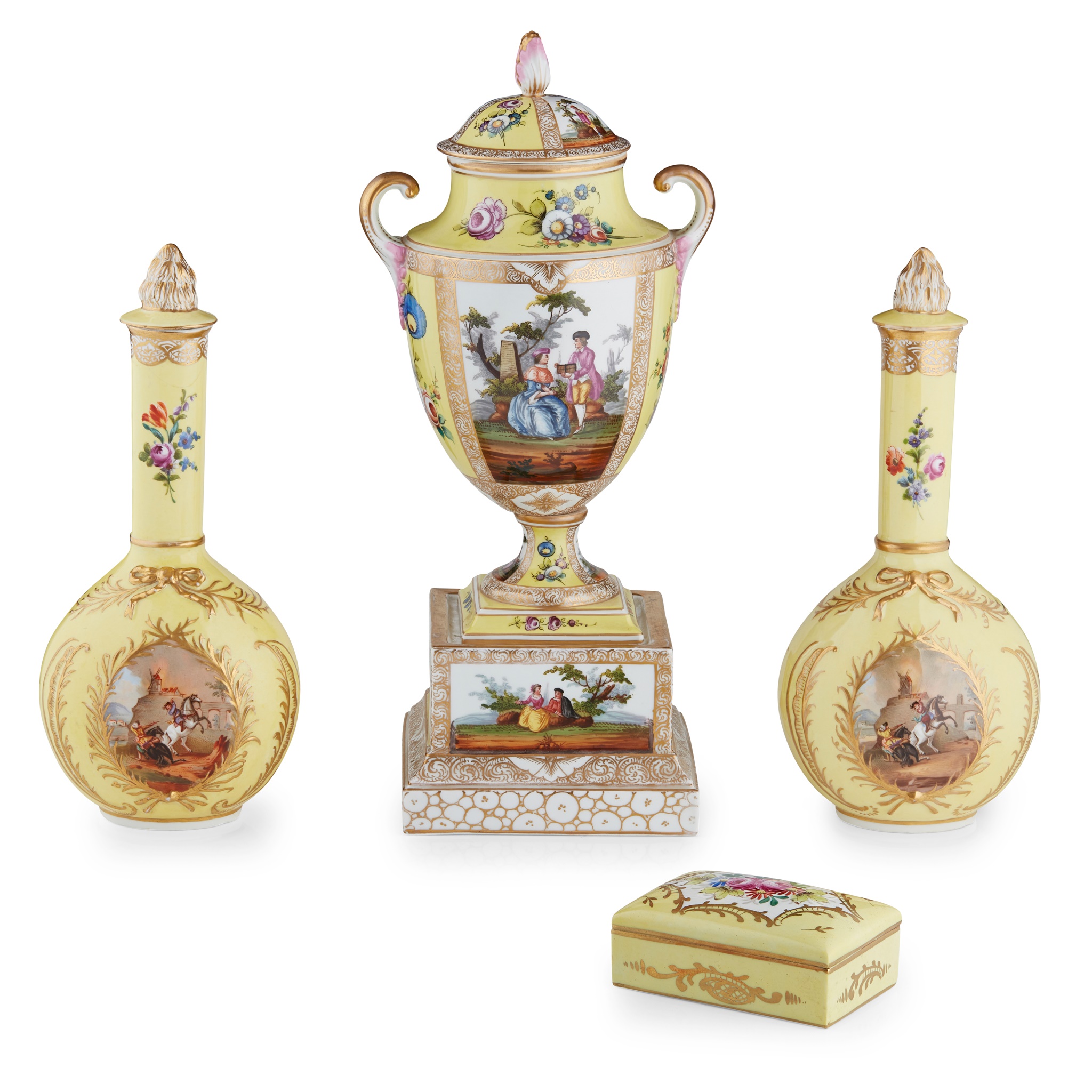 GROUP OF DRESDEN YELLOW GROUND PORCELAIN
