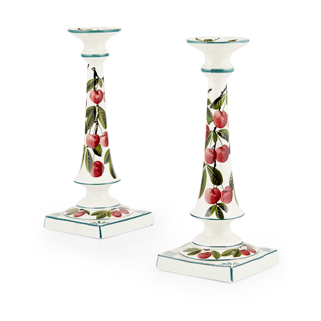 A PAIR OF WEMYSS WARE TALL CANDLESTICKS