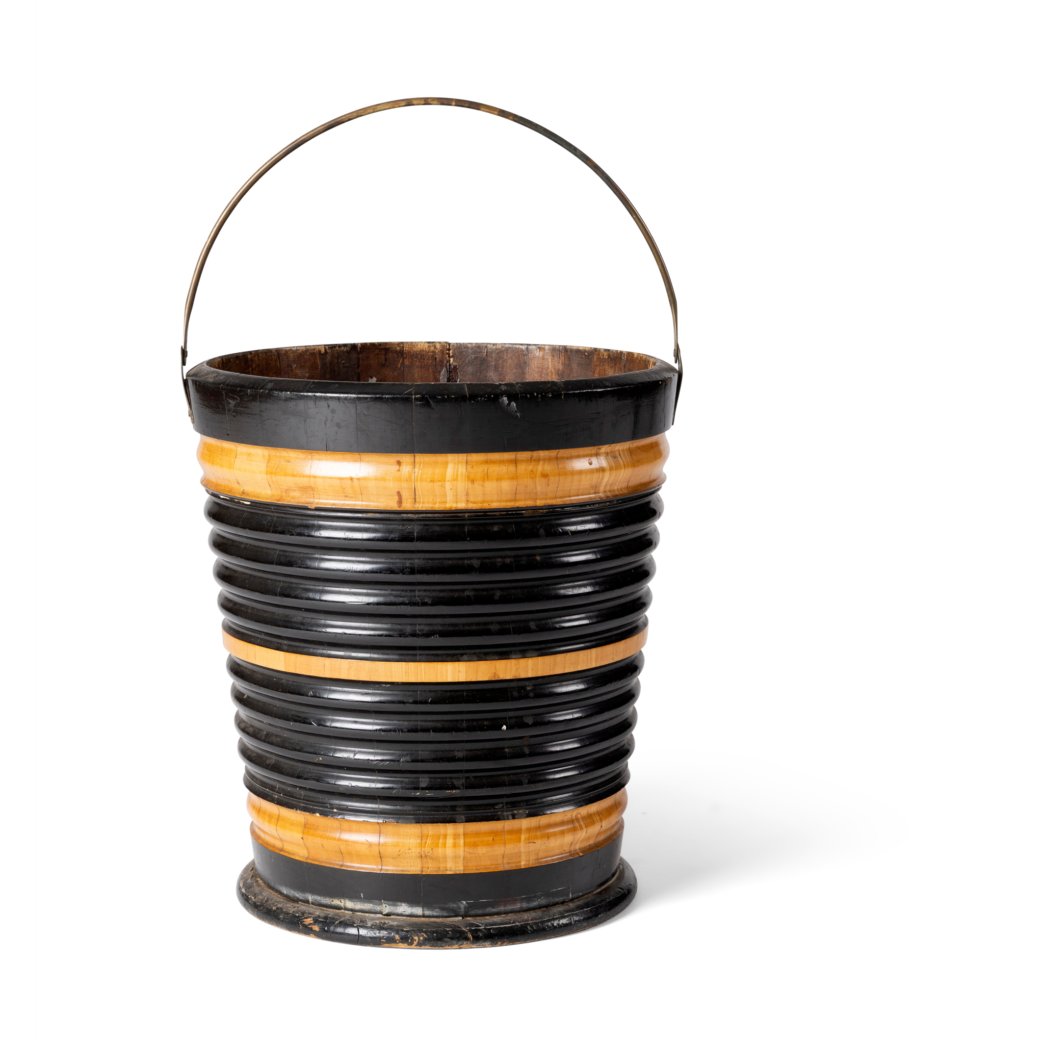 AN EBONISED AND FRUITWOOD PEAT BUCKET