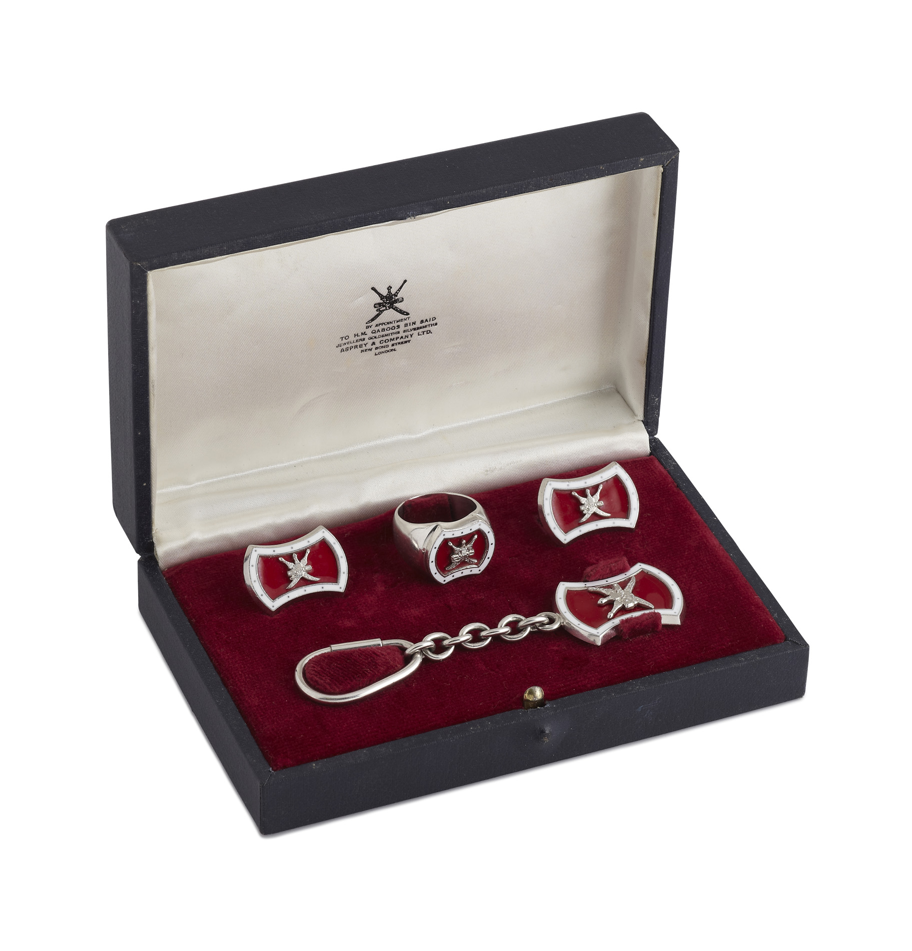 ASPREY - A cased presentation 18ct white gold and enamel gentleman's dress set