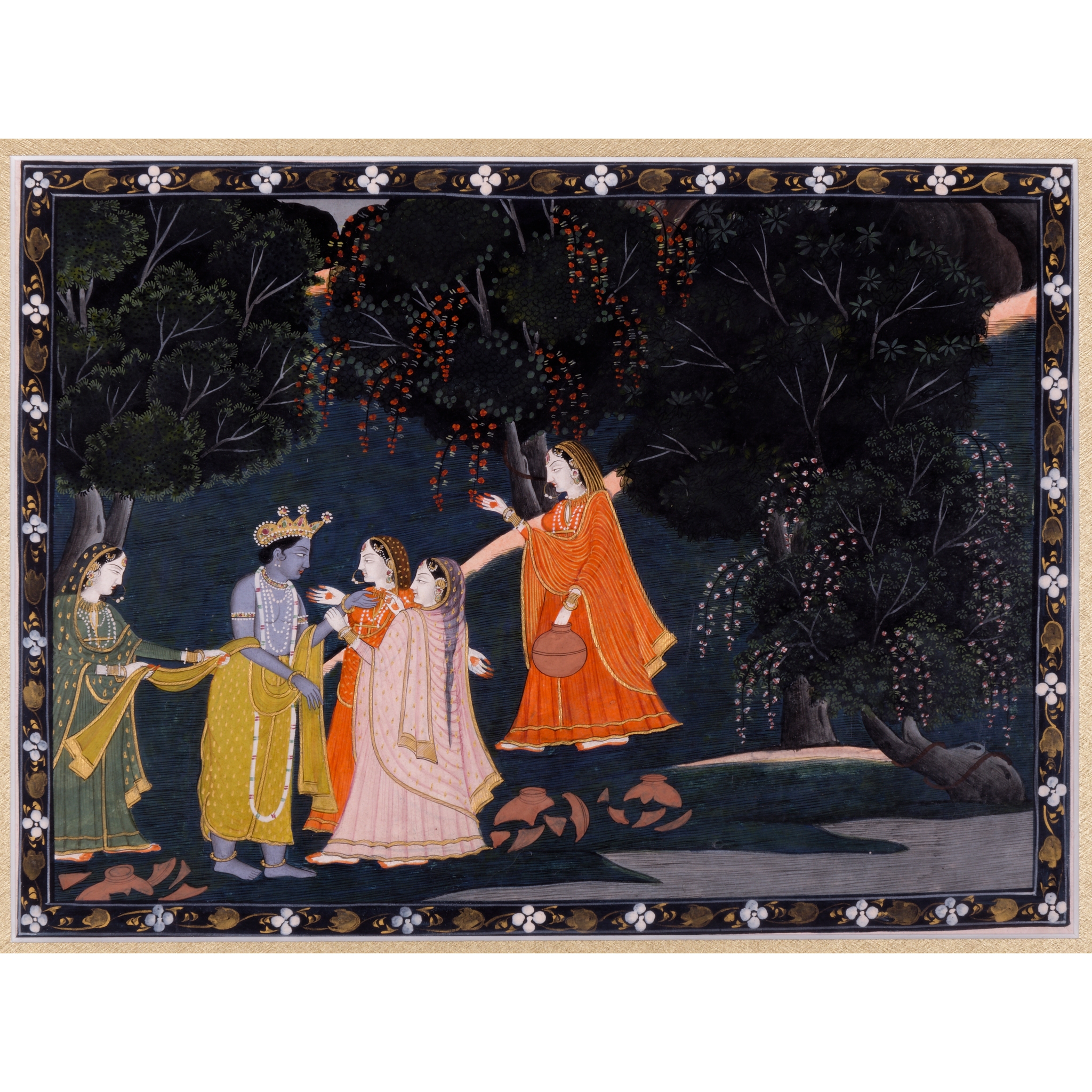 KRISHNA CONSOLED BY THE GOPIS IN A GLADE, THEIR BROKEN WATER-POTS AT THE SIDE OF A STREAM IN THE FOREGROUND
