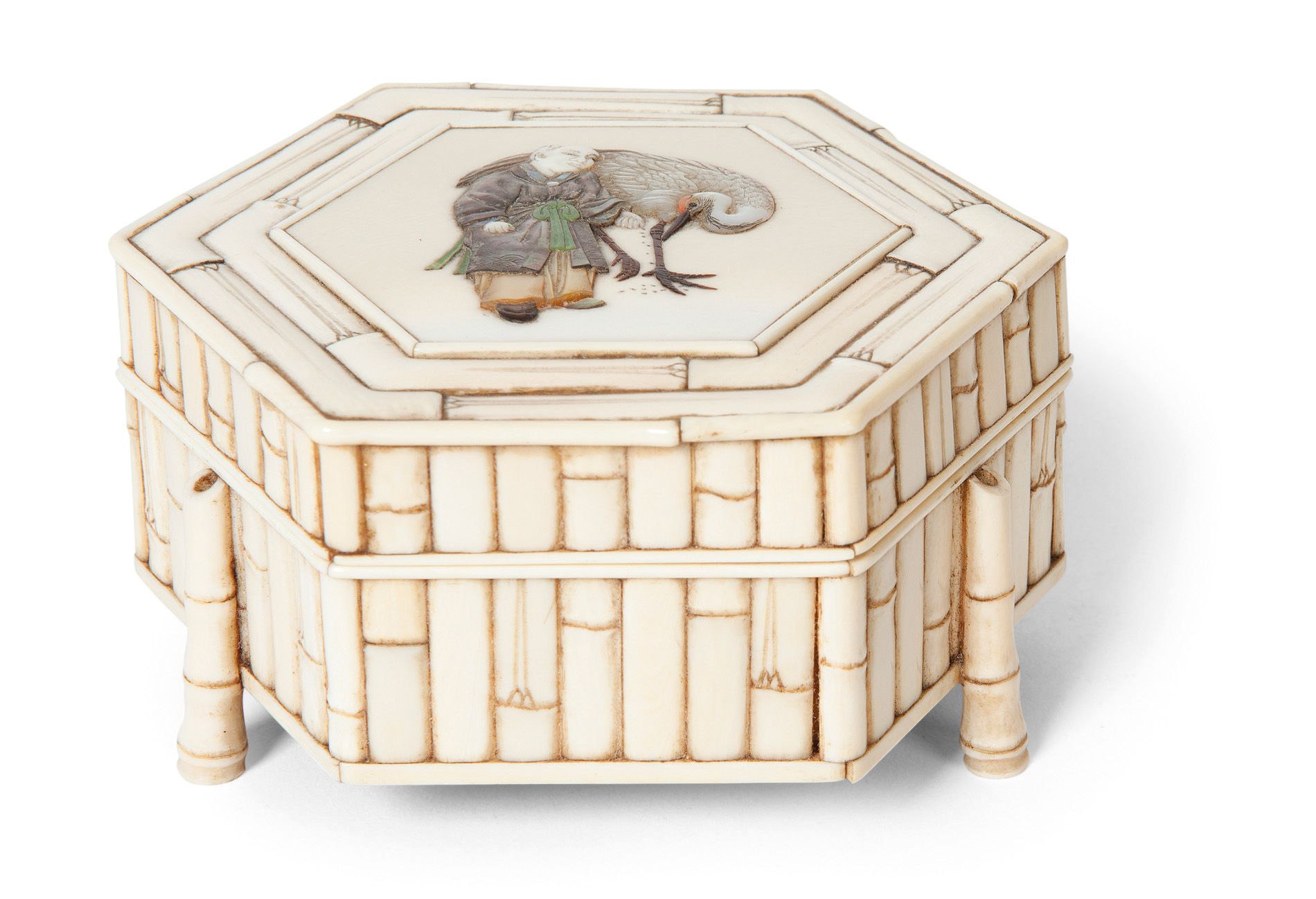 JAPANESE IVORY SHIBAYAMA HEXAGONAL BOX