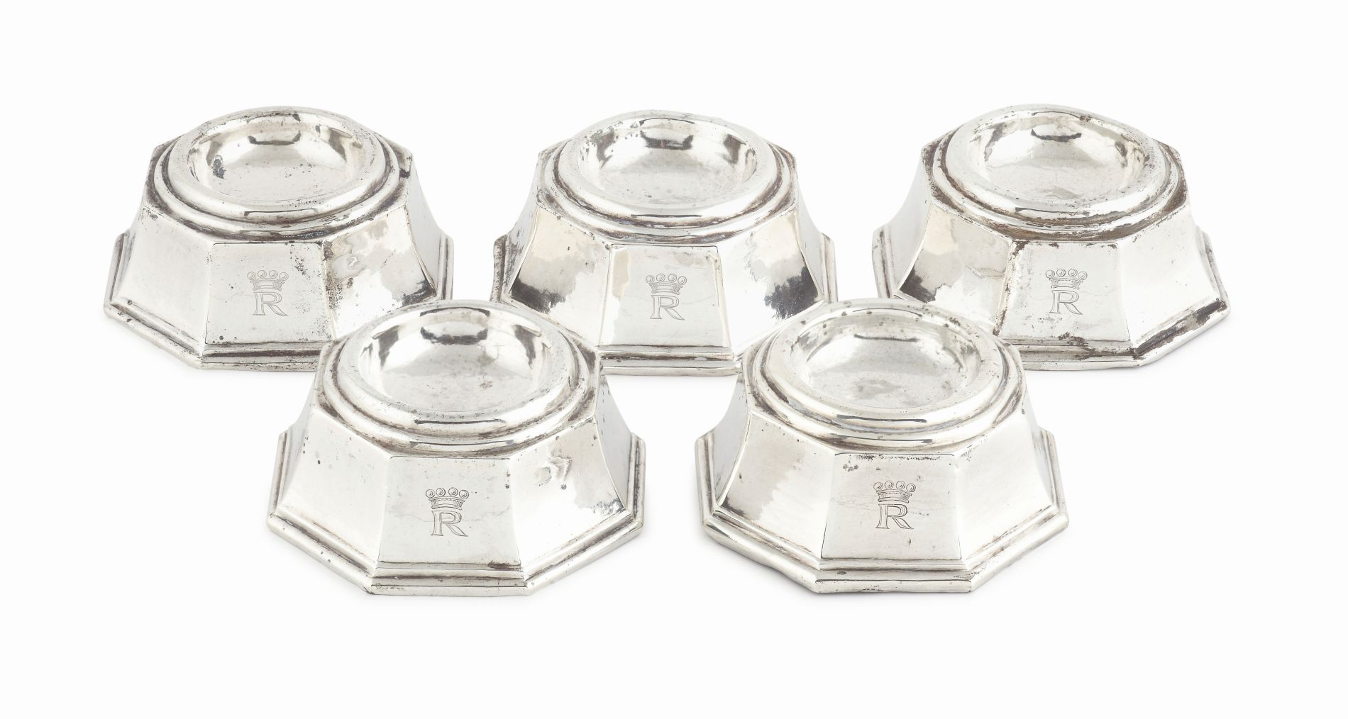 SET OF FIVE BRITANNIA STANDARD SILVER TRENCHER SALTS