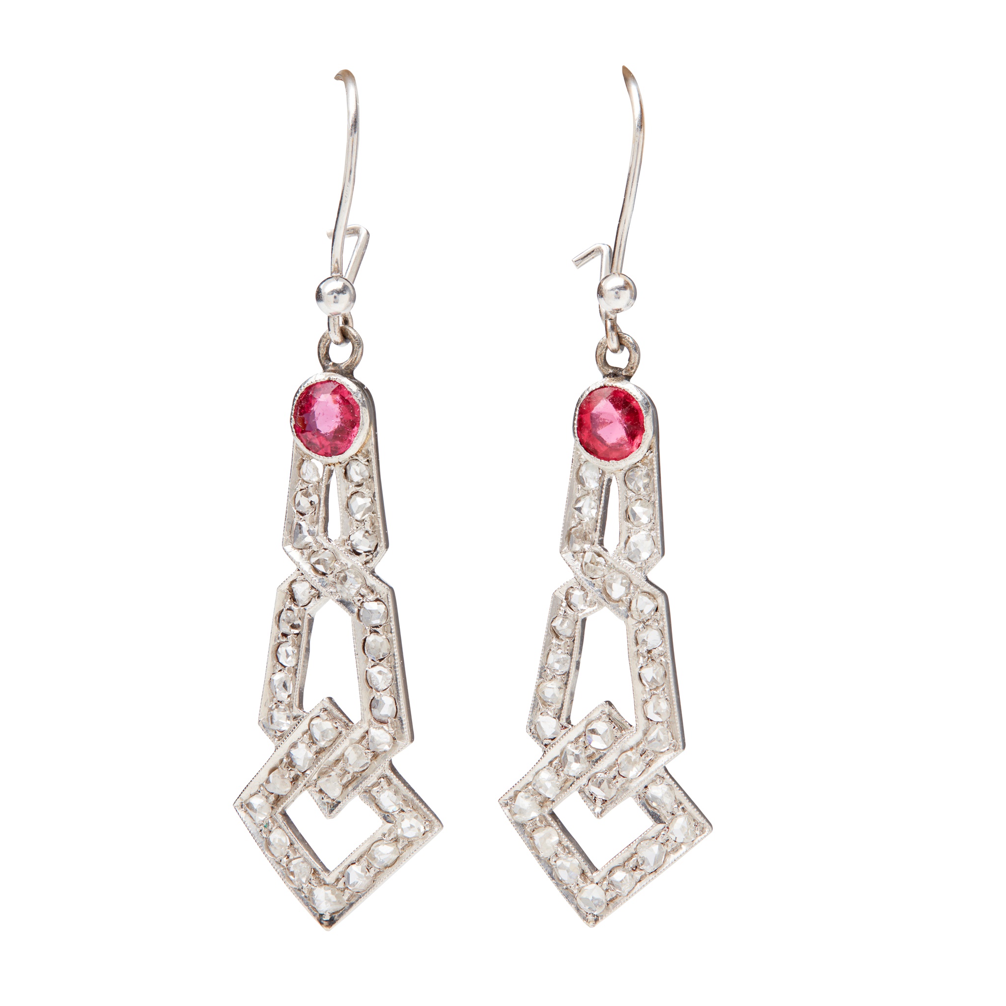 A pair of ruby and diamond set pendant earrings