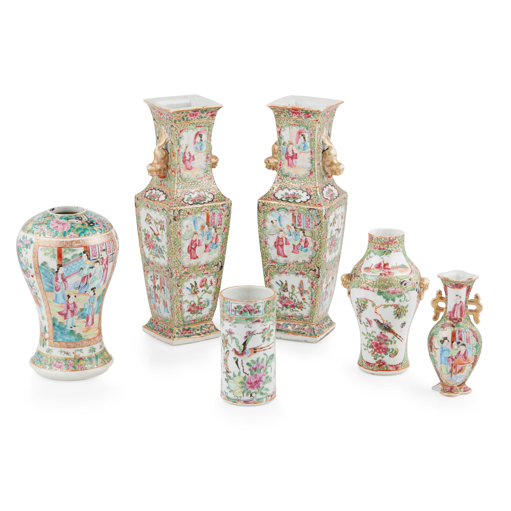GROUP OF FIVE CANTON FAMILLE ROSE VASES AND A BRUSH POT