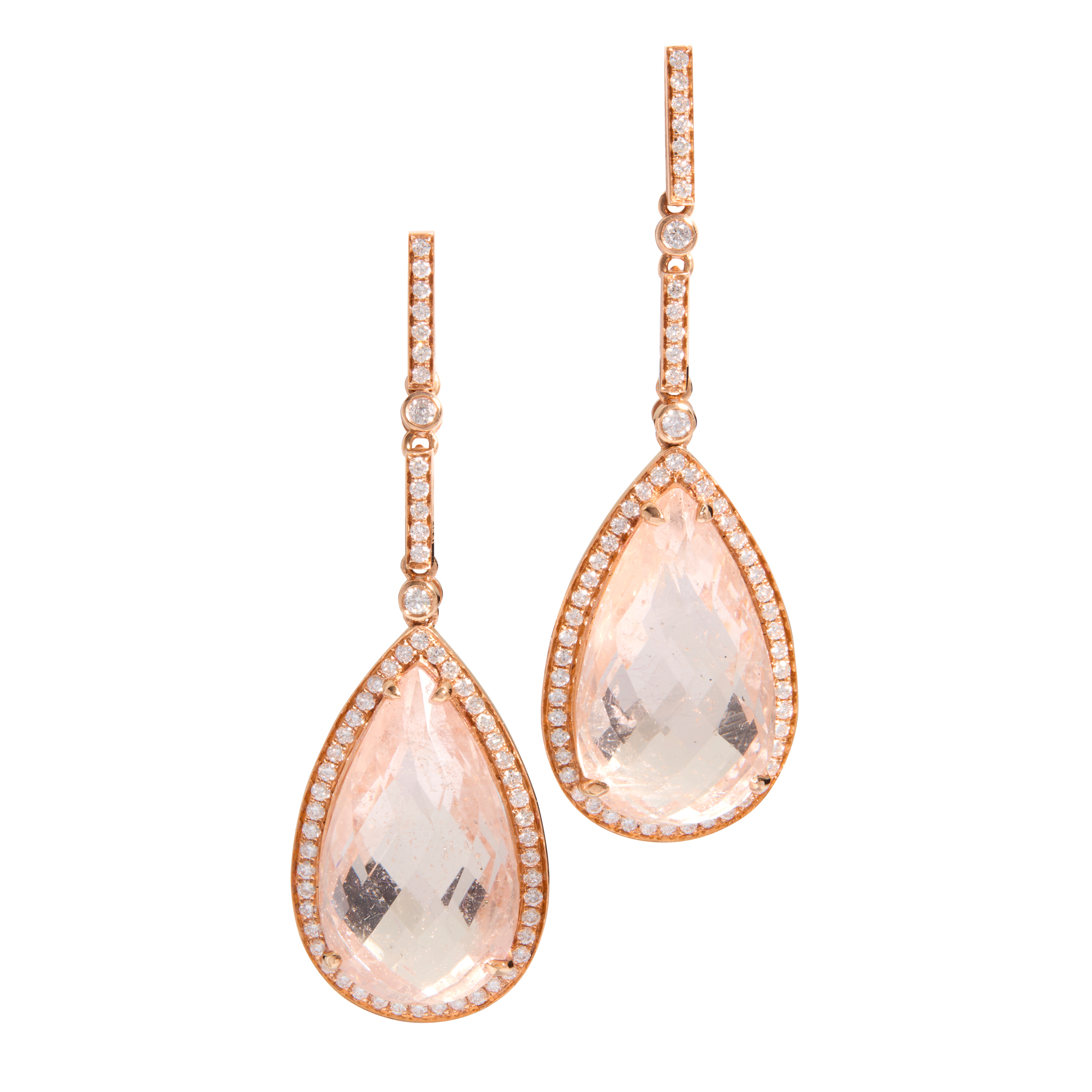 A pair of 18ct gold morganite and diamond pendent earrings