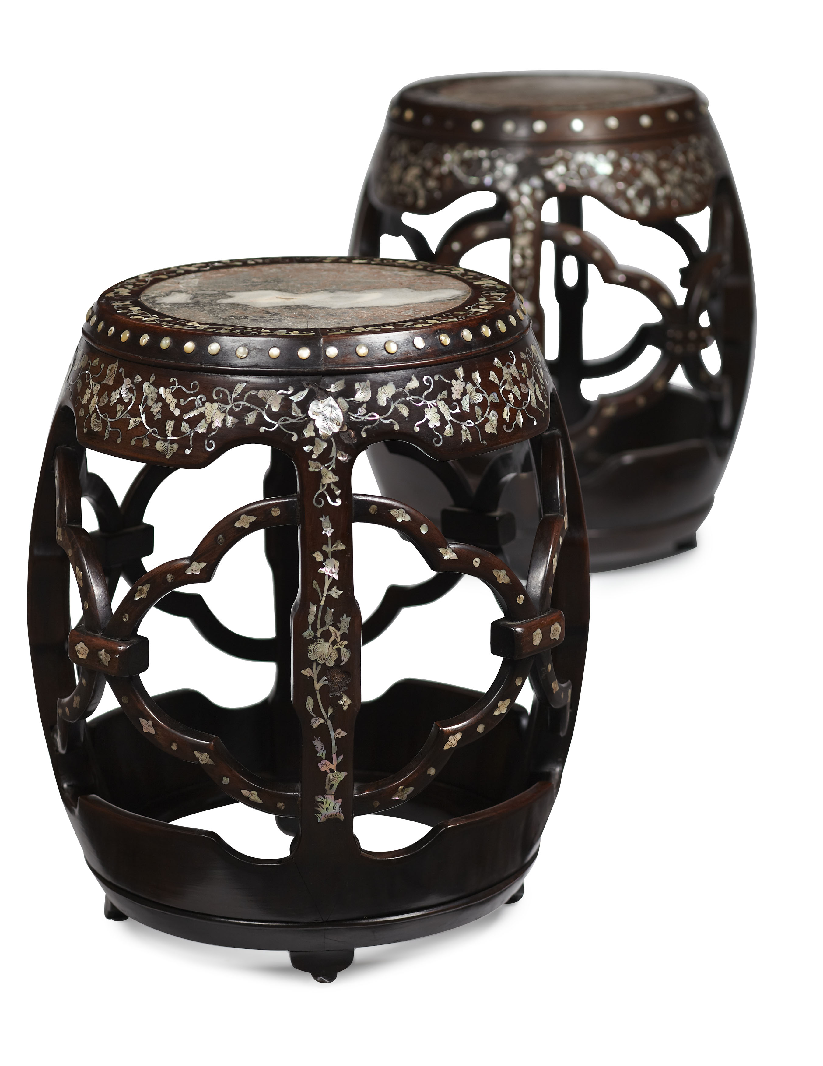 NEAR PAIR OF CHINESE HONGMU, MOTHER OF PEARL AND MARBLE TOP STOOLS