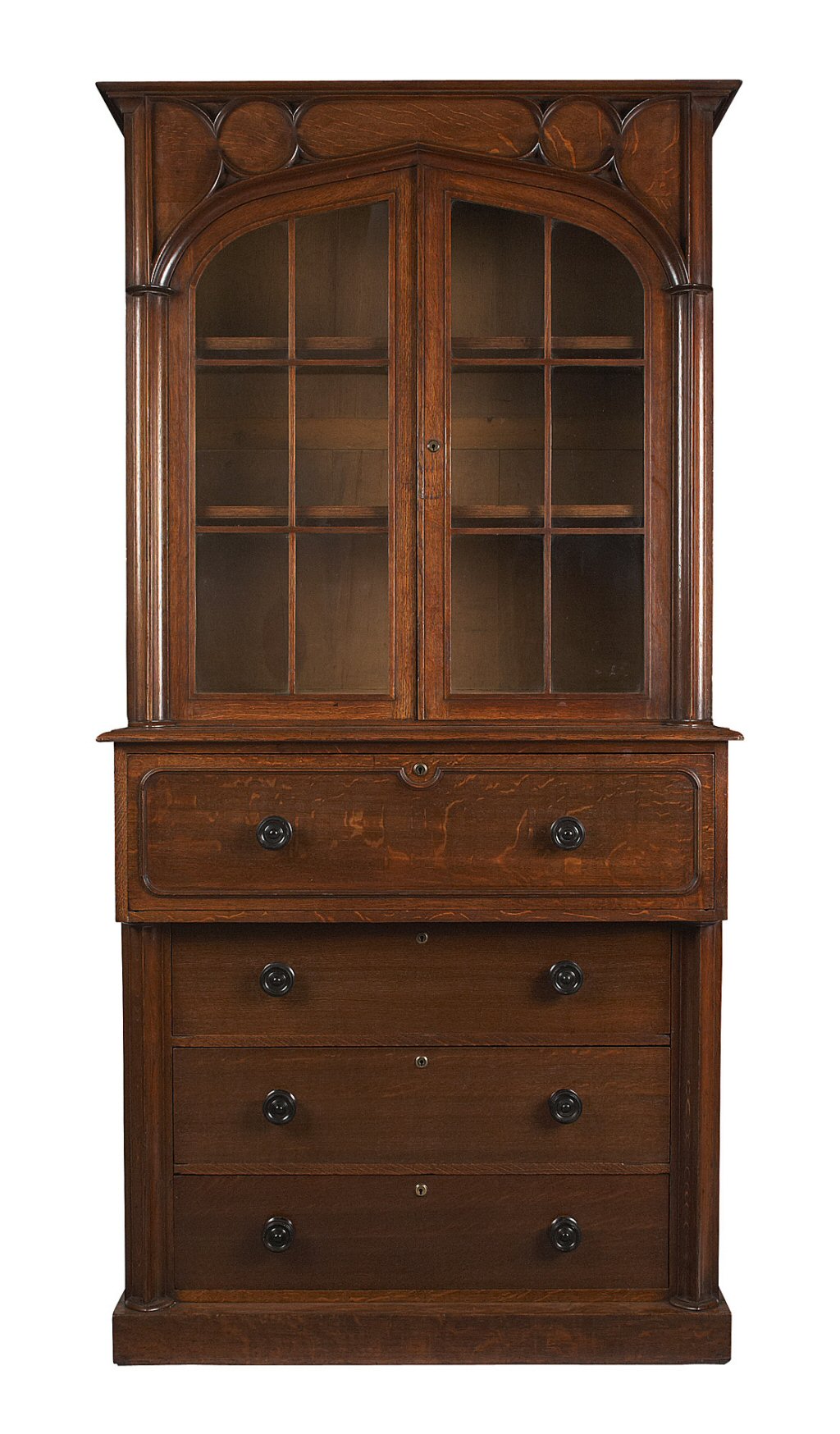 VICTORIAN GOTHIC OAK SECRETAIRE BOOKCASE