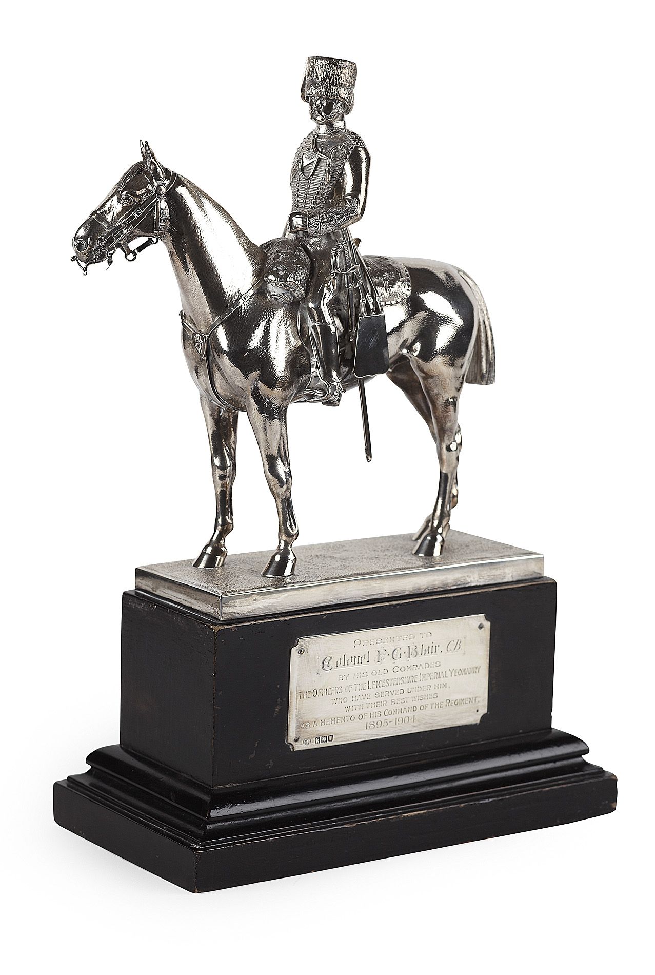EDWARDIAN SILVER STATUETTE OF A MOUNTED OFFICER OF THE LEICESTERSHIRE YEOMANRY