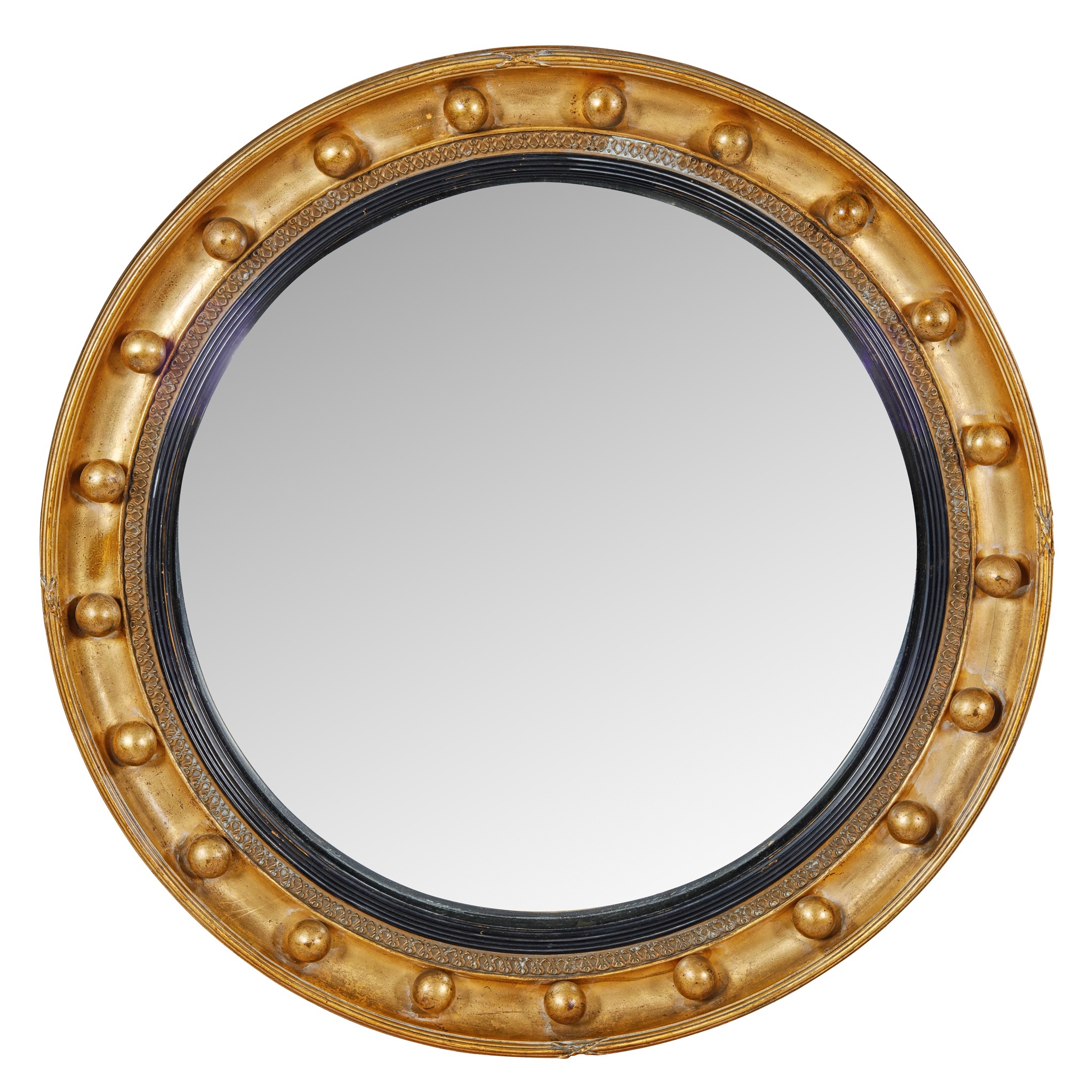 REGENCY GILT WOOD AND EBONISED CONVEX WALL MIRROR