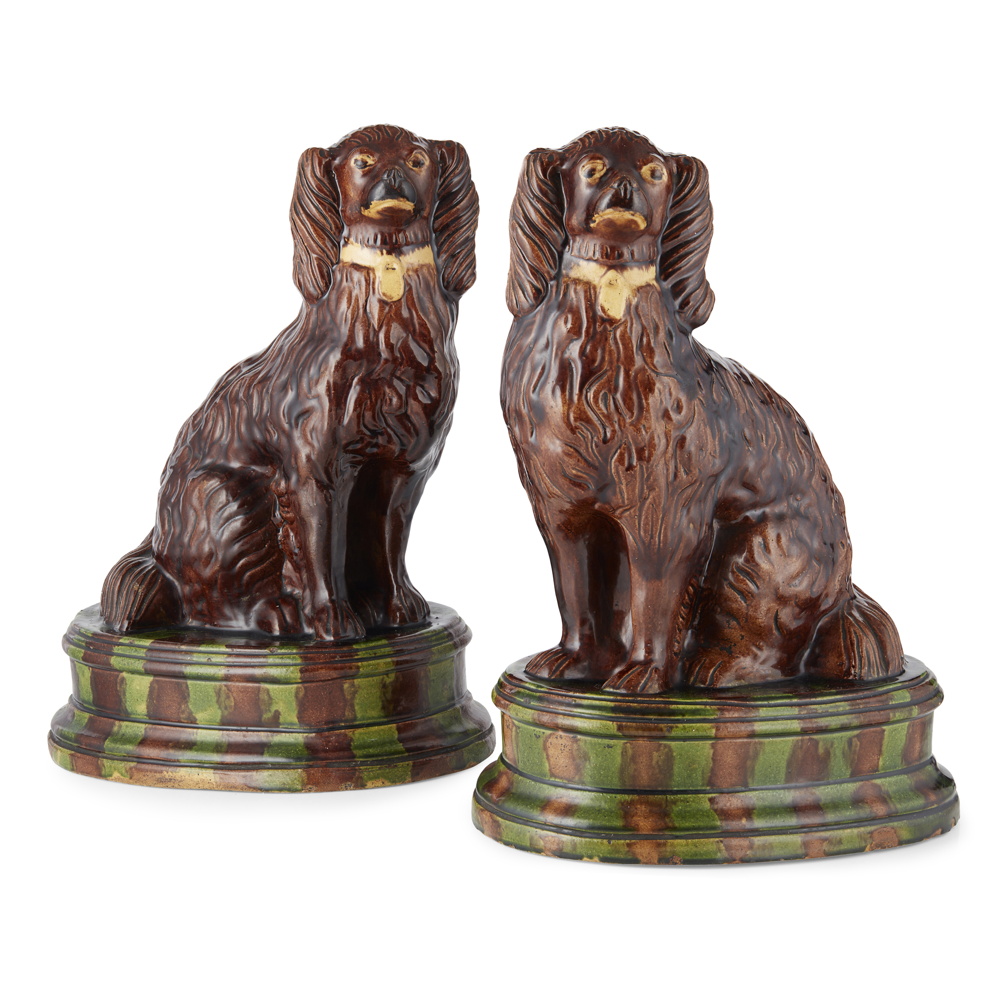 PAIR OF LARGE SCOTTISH POTTERY FIREPLACE SPANIELS