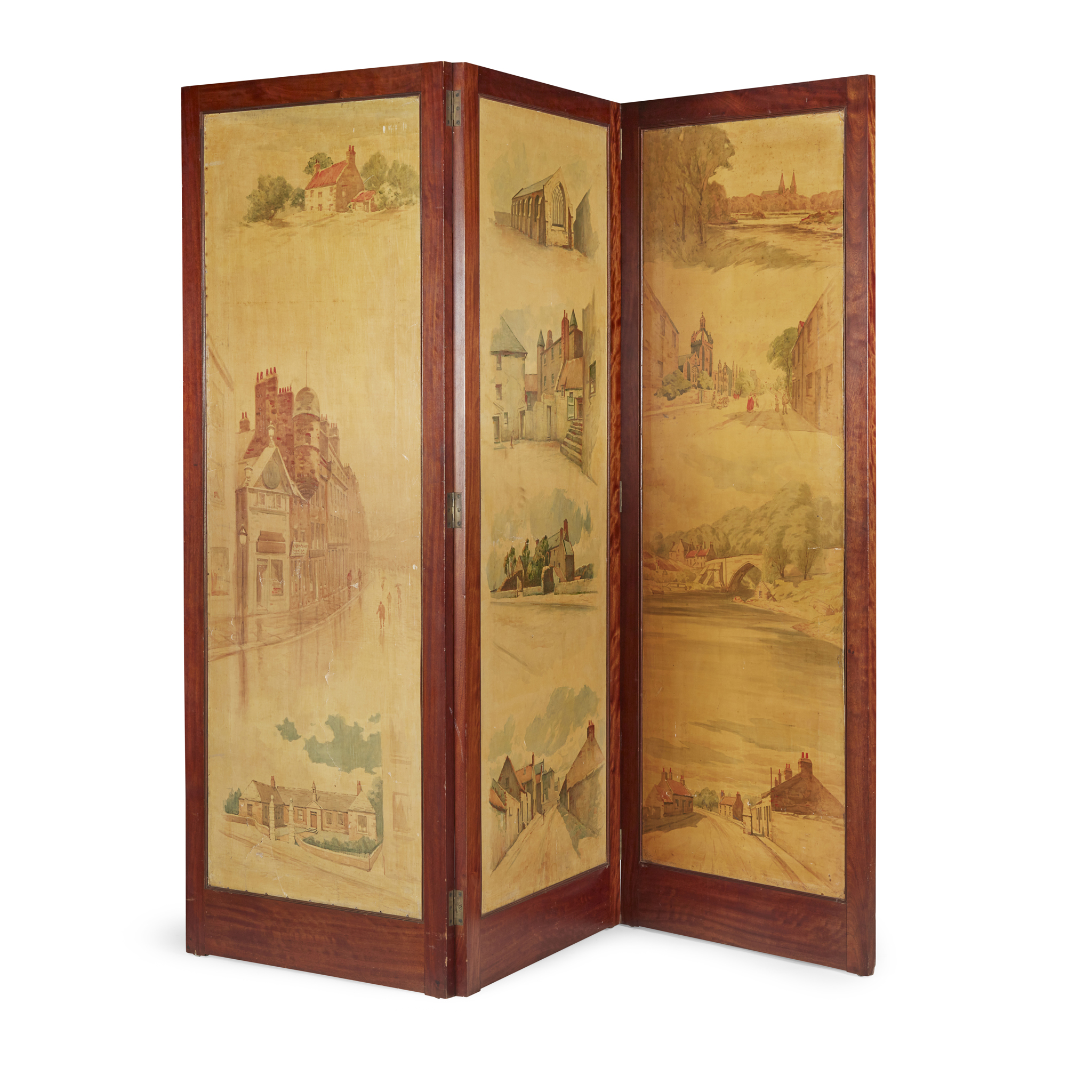 LATE VICTORIAN MAHOGANY AND PAINTED LEATHER THREE FOLD SCREEN
