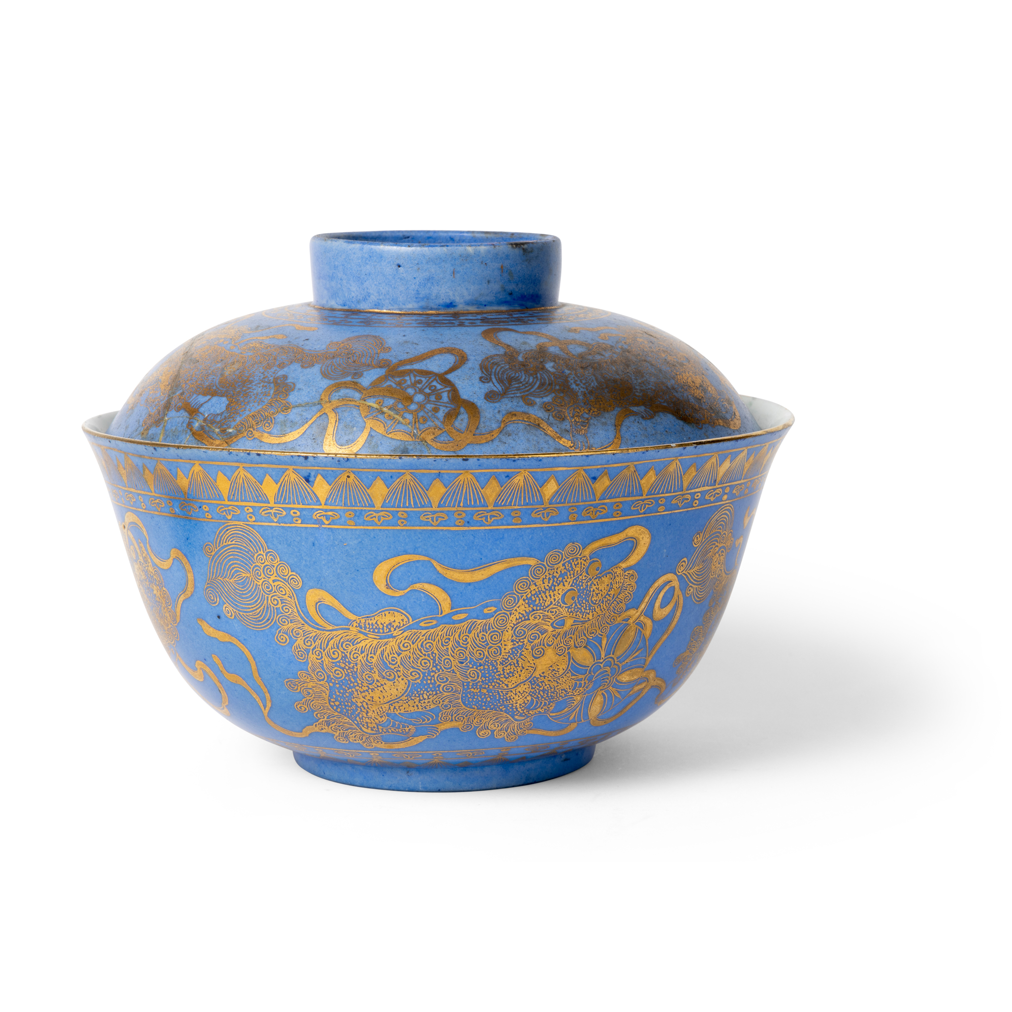 CHINESE POWDER-BLUE-GROUND GILT-DECORATED 'DOG OF FOO' BOWL WITH COVER