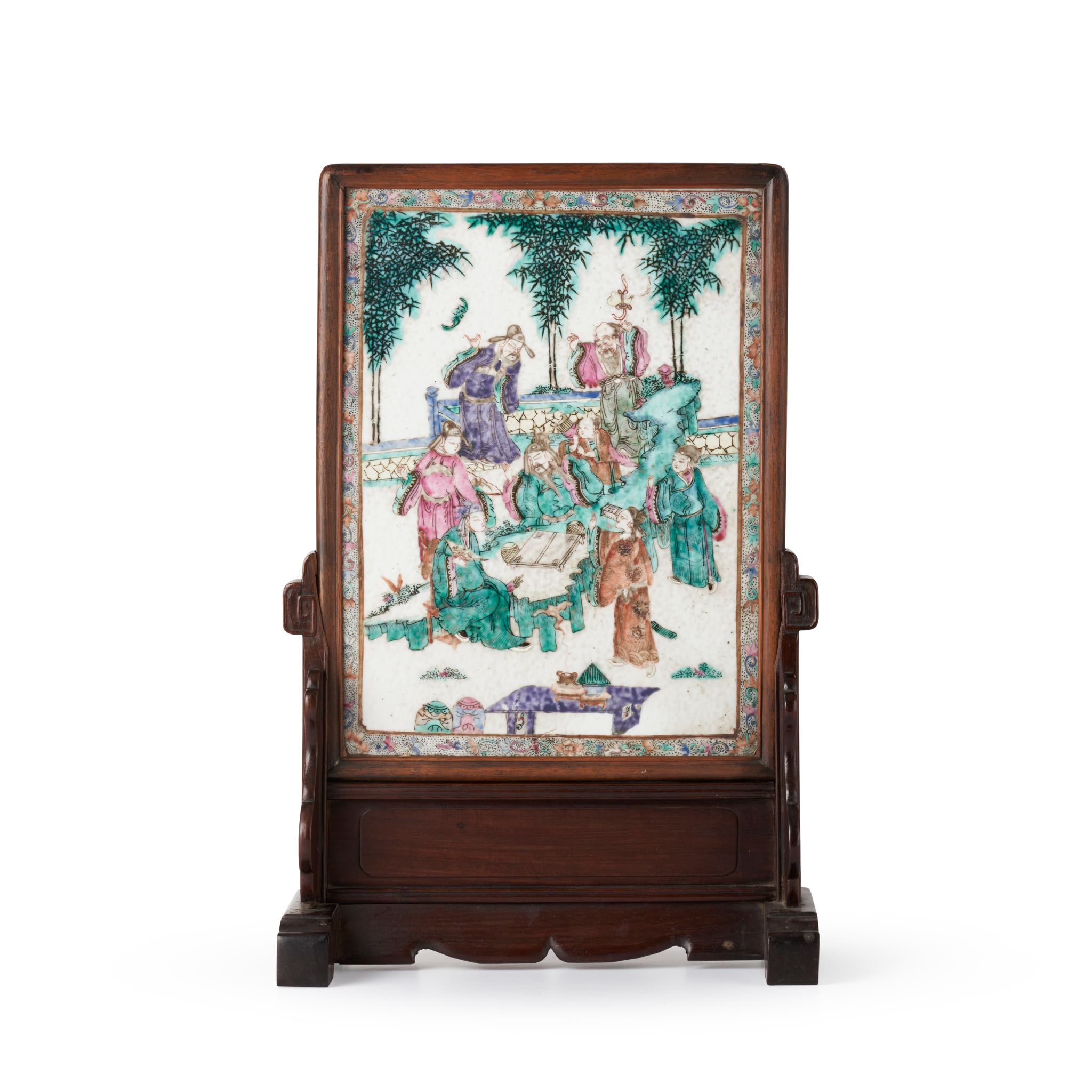 FAMILLE ROSE PORCELAIN PLAQUE INSET WOODEN TABLE SCREEN