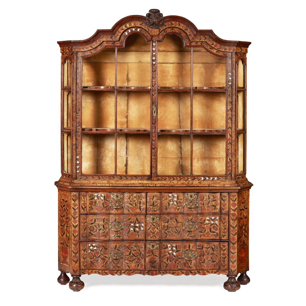 DUTCH WALNUT, BONE AND MARQUETRY DISPLAY CABINET