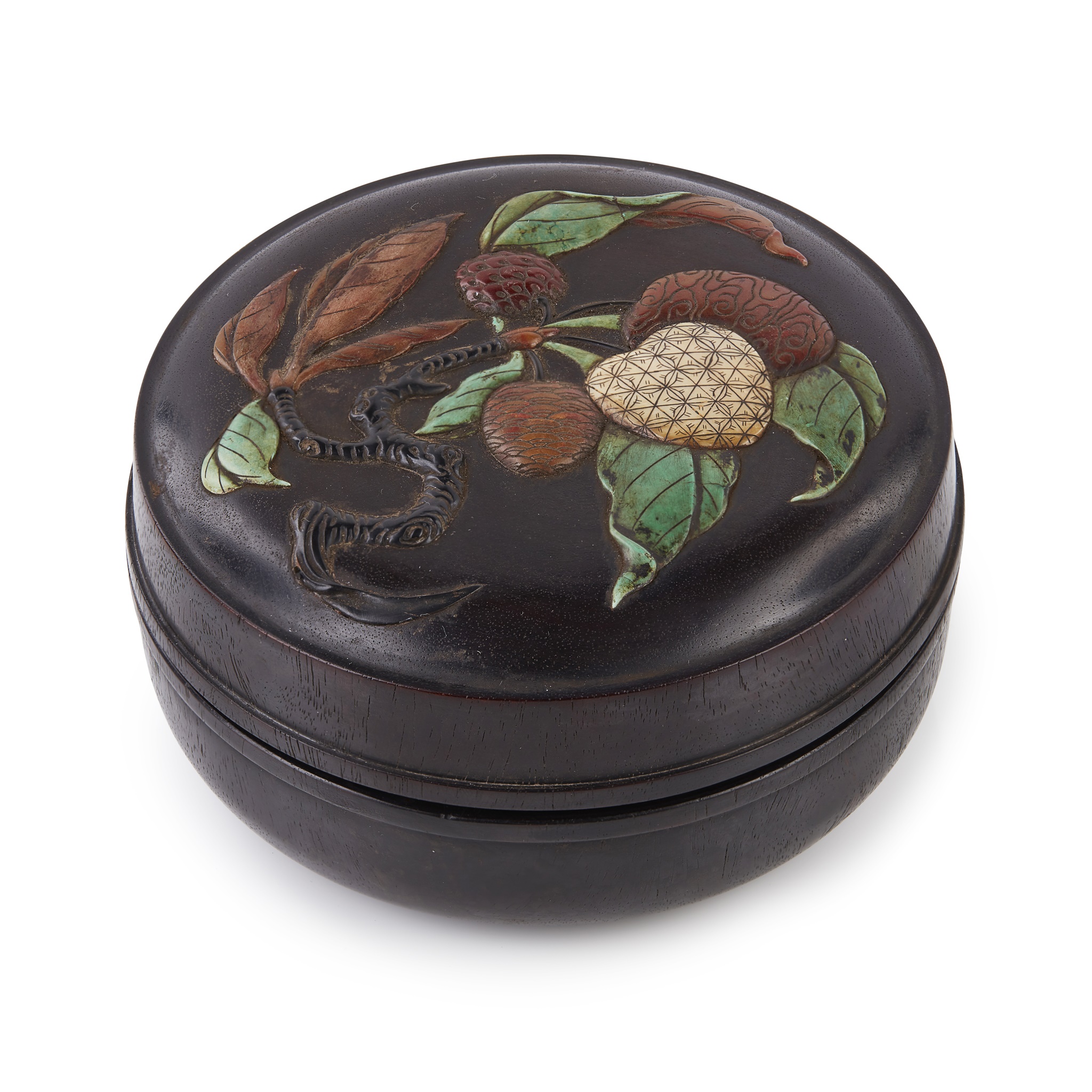 ZITAN MOTHER-OF-PEARL AND HARDSTONE INLAID CIRCULAR BOX AND COVER