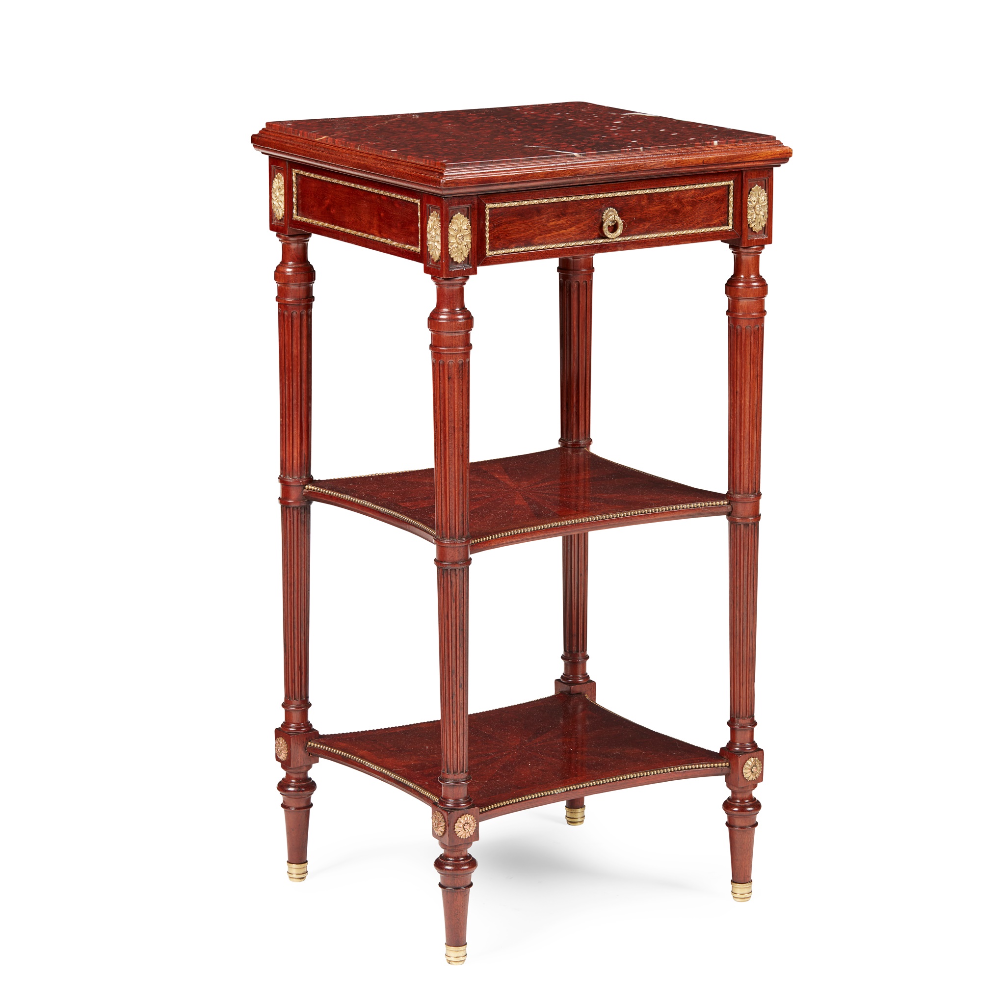 FRENCH MAHOGANY AND PARQUETRY MARBLE TOPPED SIDE TABLE