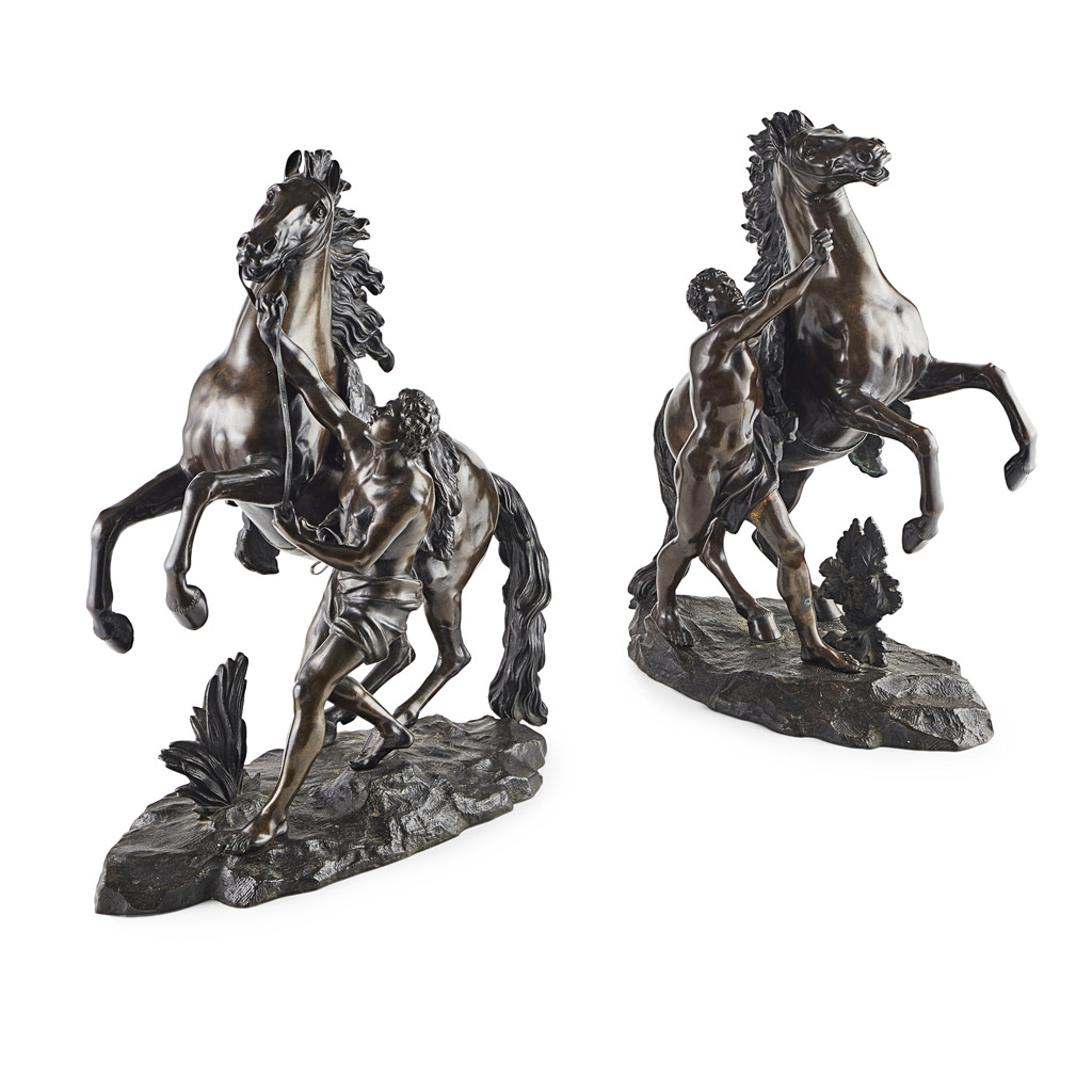 PAIR OF FRENCH BRONZE MARLY HORSE FIGURE GROUPS