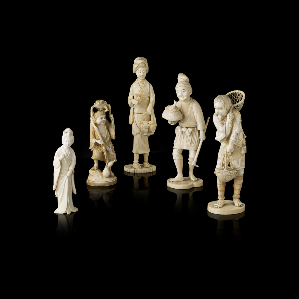 FIVE CARVED IVORY OKIMONO