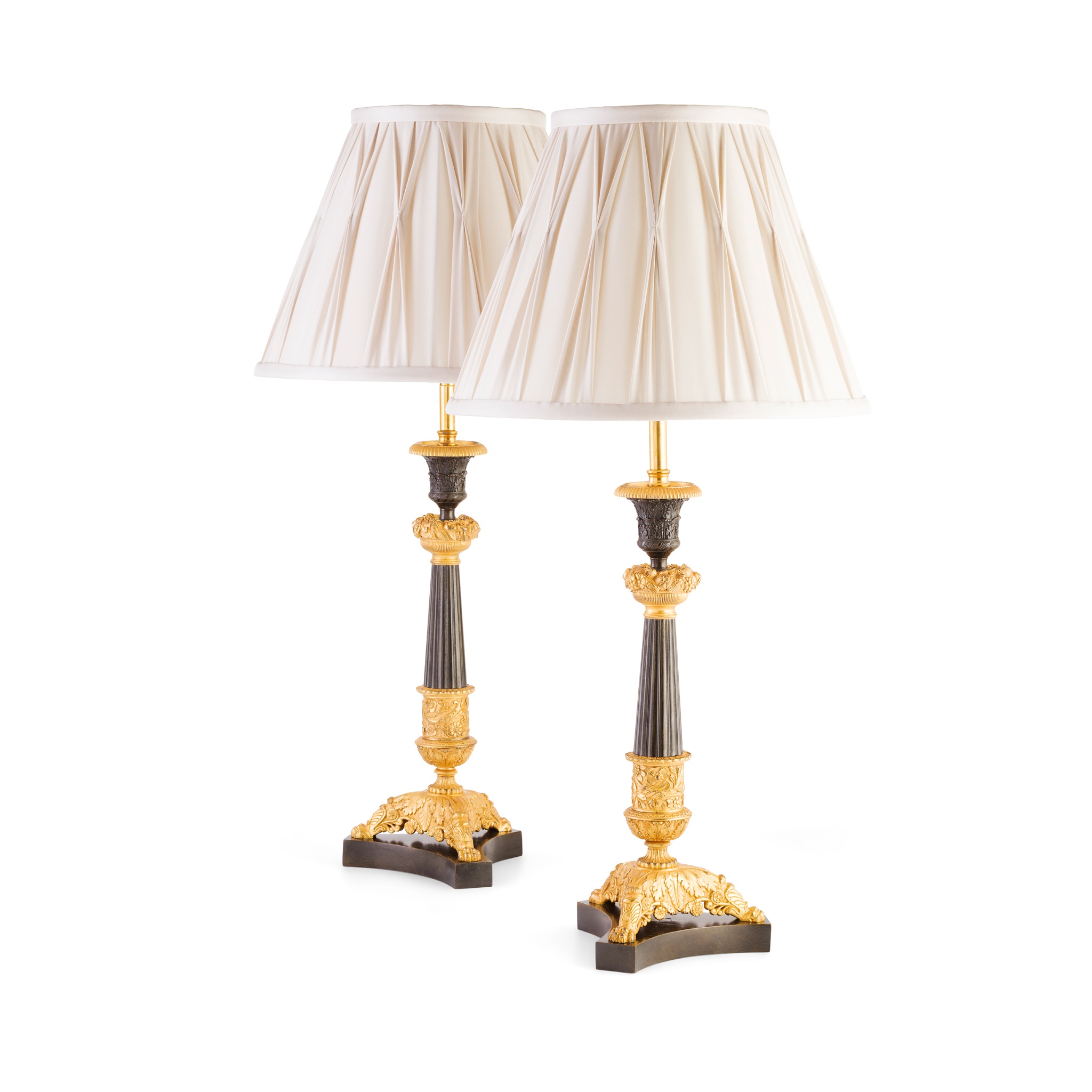 PAIR OF REGENCY ORMOLU AND PATINATED BRONZE LAMPS