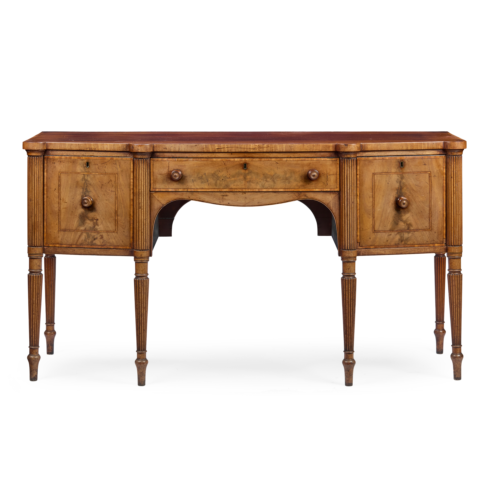 LATE GEORGE III MAHOGANY AND SATINWOOD SIDEBOARD