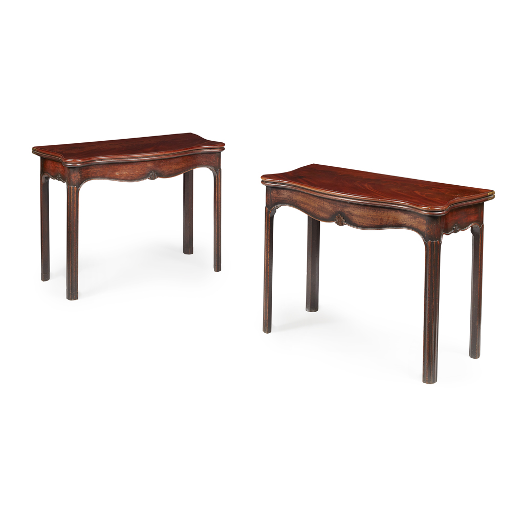 PAIR OF GEORGE III MAHOGANY SERPENTINE CARD TABLES