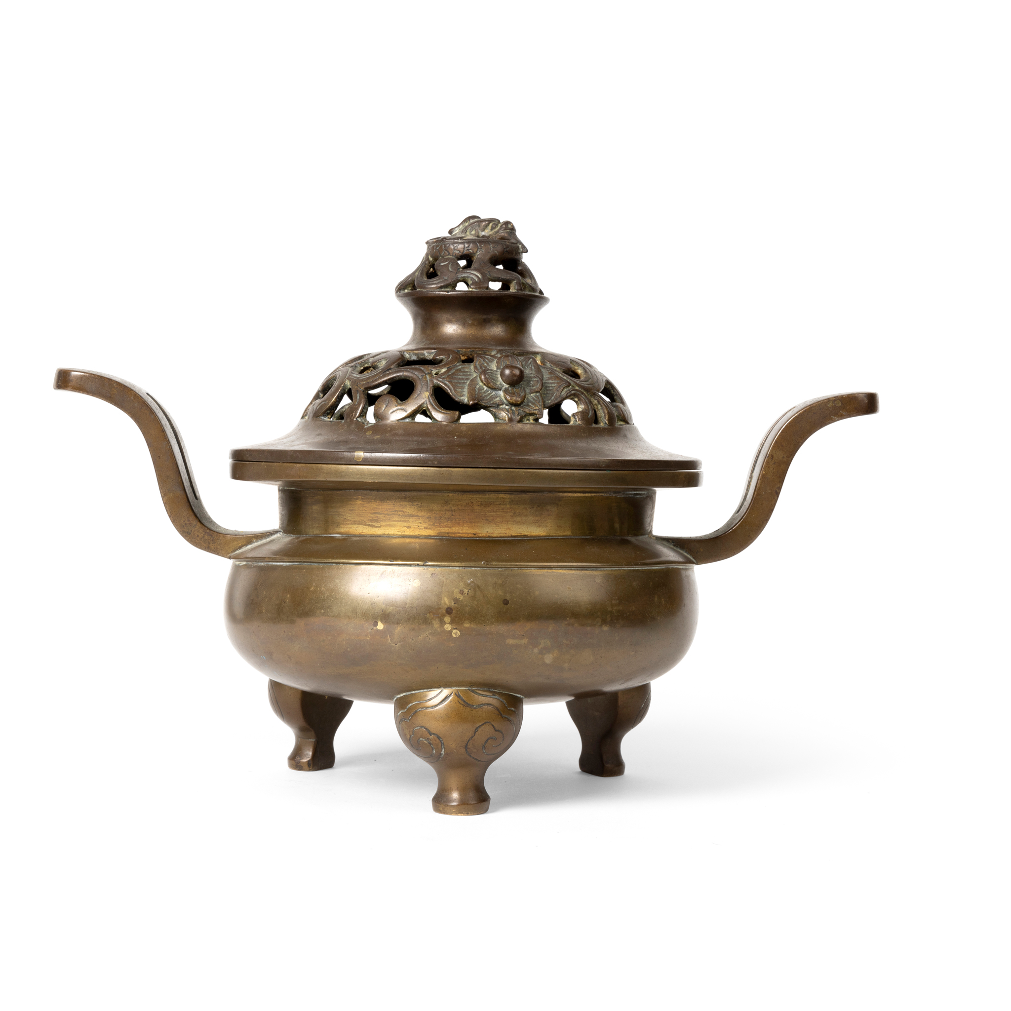 CHINESE HEAVY BRONZE TRIPOD CENSER WITH COVER