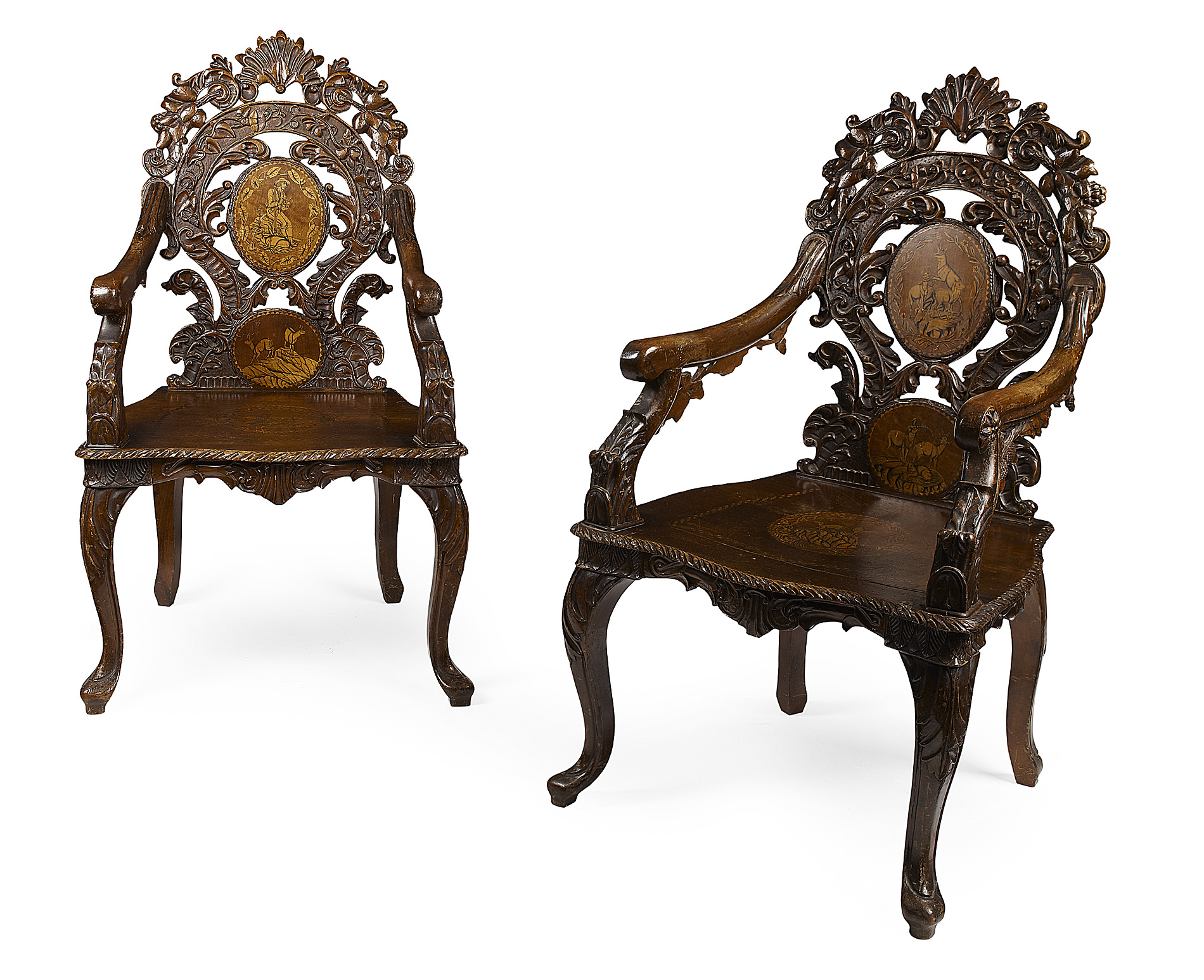 PAIR OF AUSTRIAN WALNUT AND MARQUETRY ARMCHAIRS