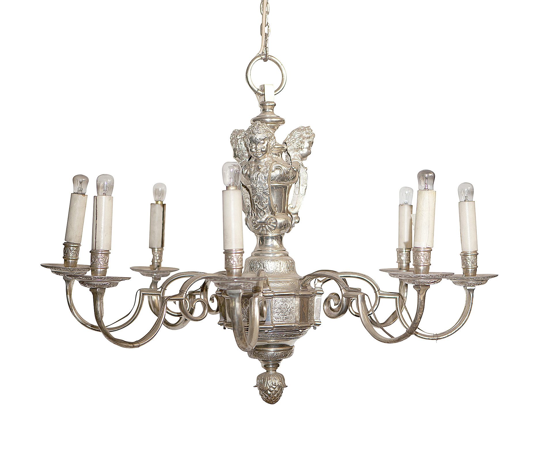 PAIR OF SILVERED-METAL EIGHT-BRANCH CHANDELIERS