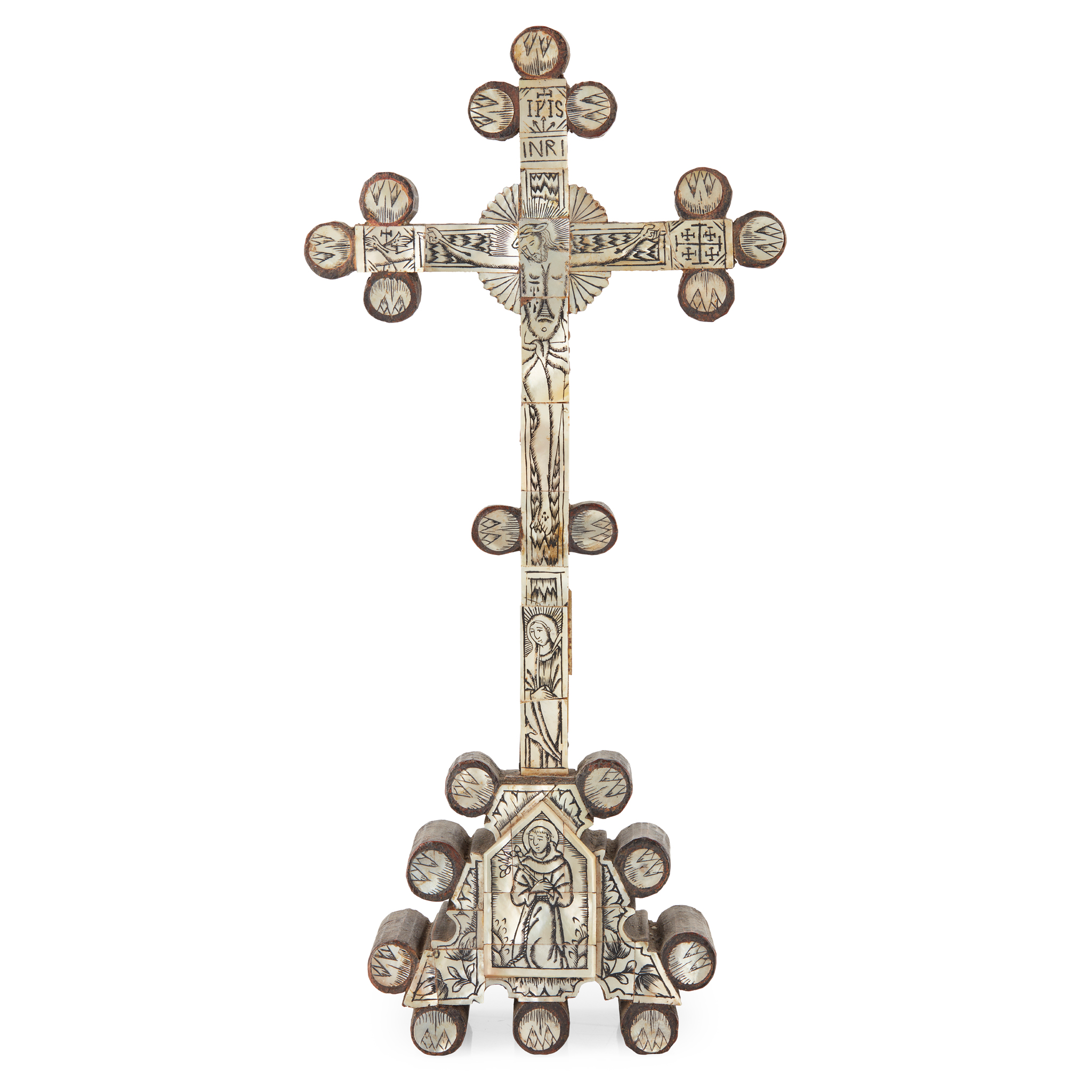 JERUSALEM ENGRAVED MOTHER-OF-PEARL AND WOOD CRUCIFIX