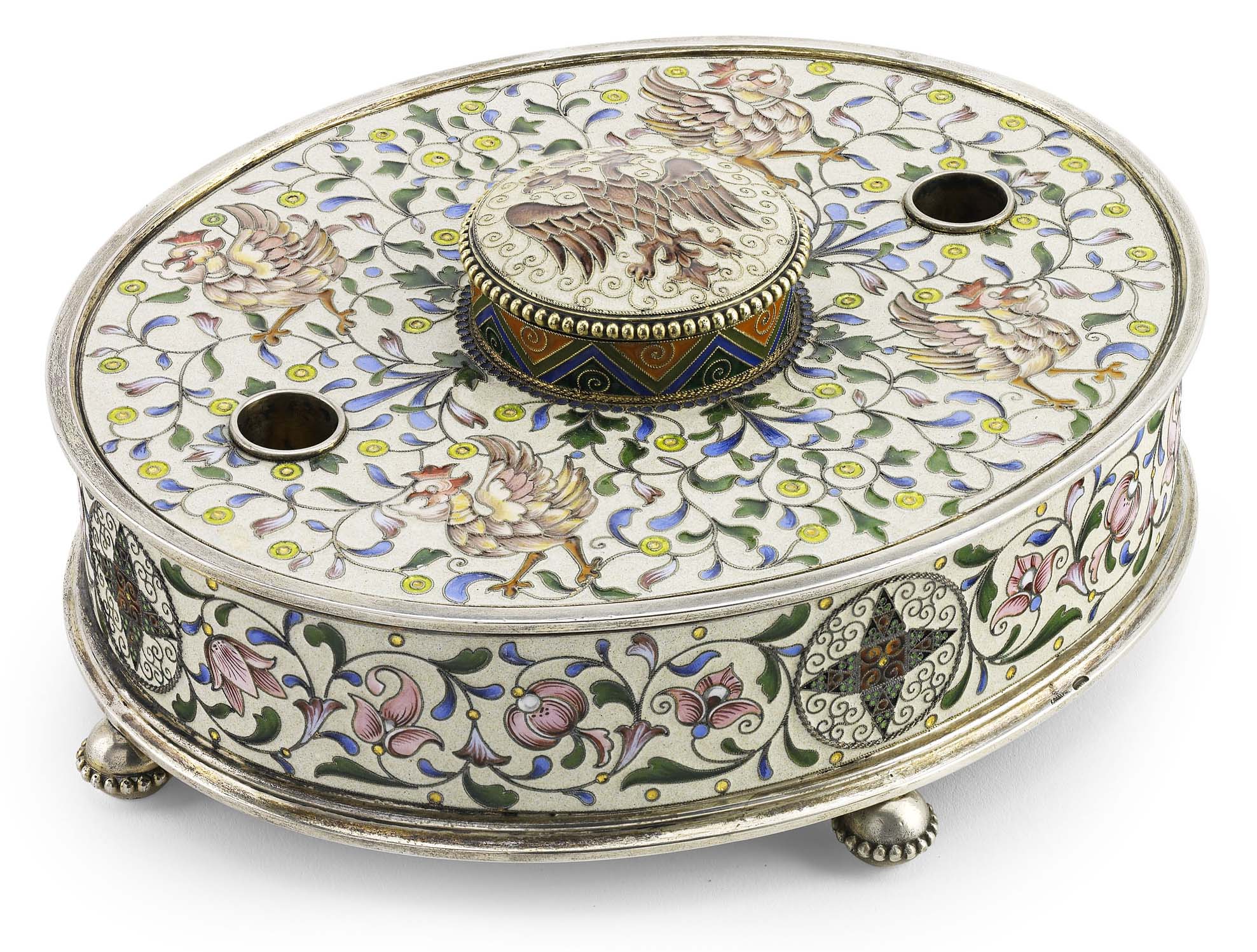 A Russian silver-gilt and shaded cloisonné enamel inkwell