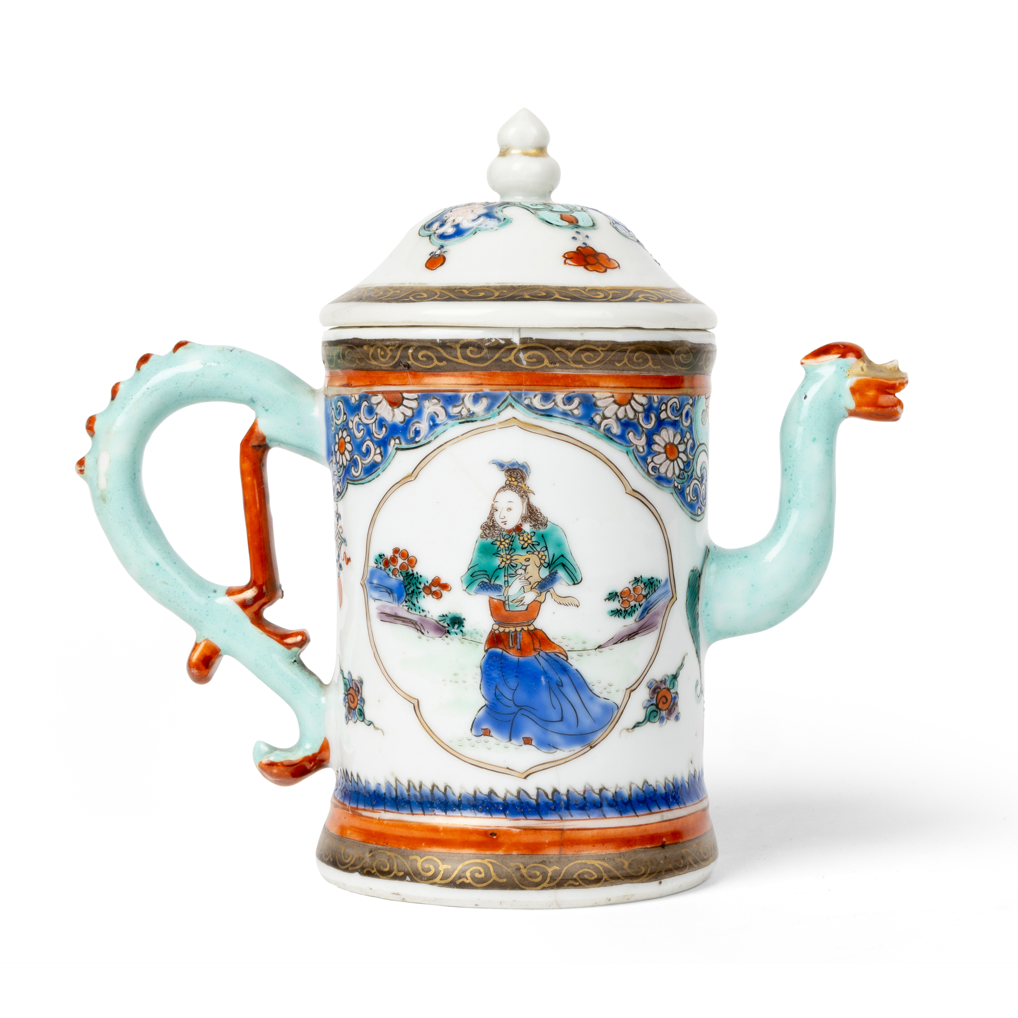 CHINESE EXPORT FAMILLE ROSE 'EUROPAN SUBJECT' COFFEE-POT AND COVER