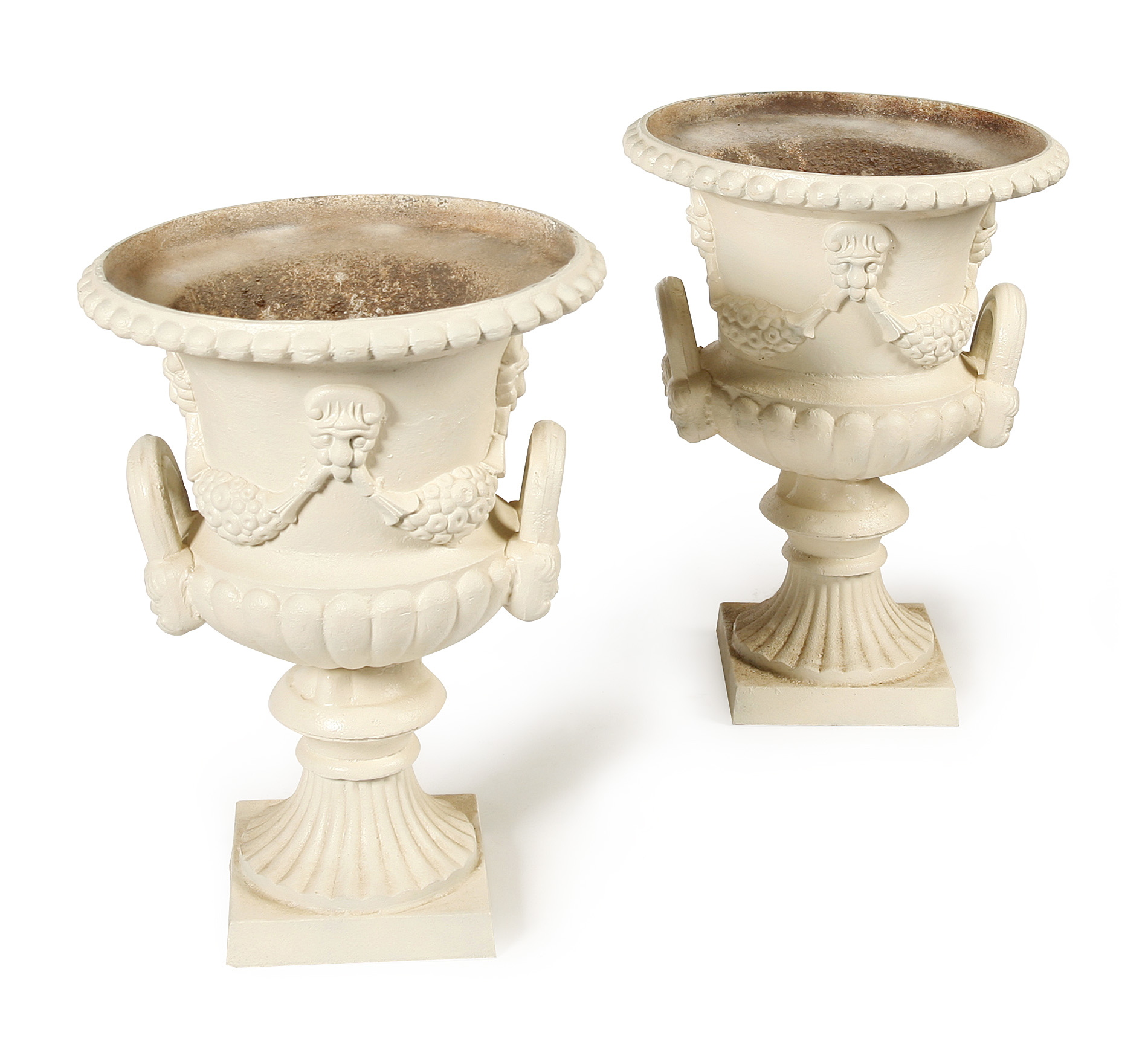 PAIR OF PAINTED CAST IRON URNS