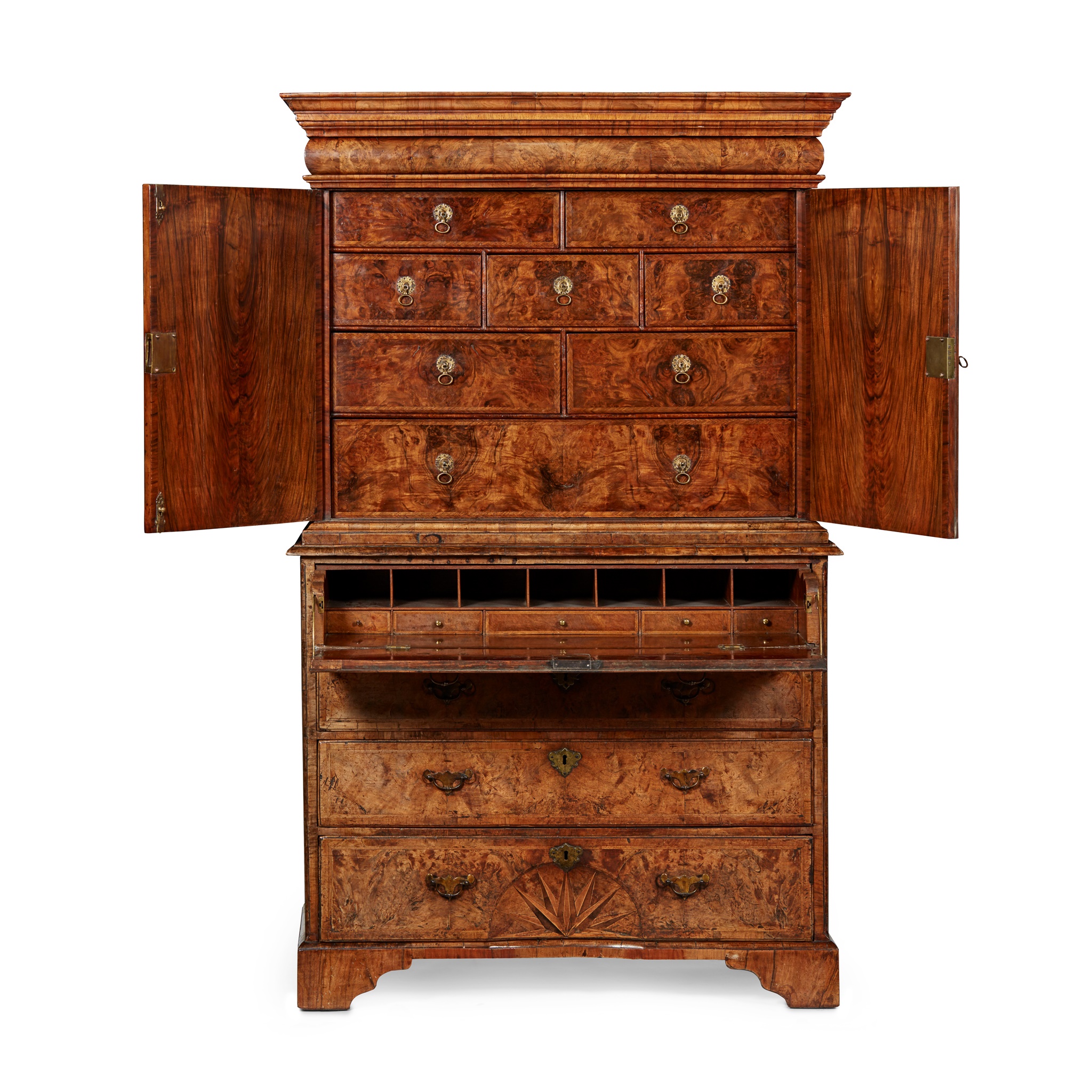 GEORGE I BURR WALNUT AND MARQUETRY SECRETAIRE CABINET-ON-CHEST
