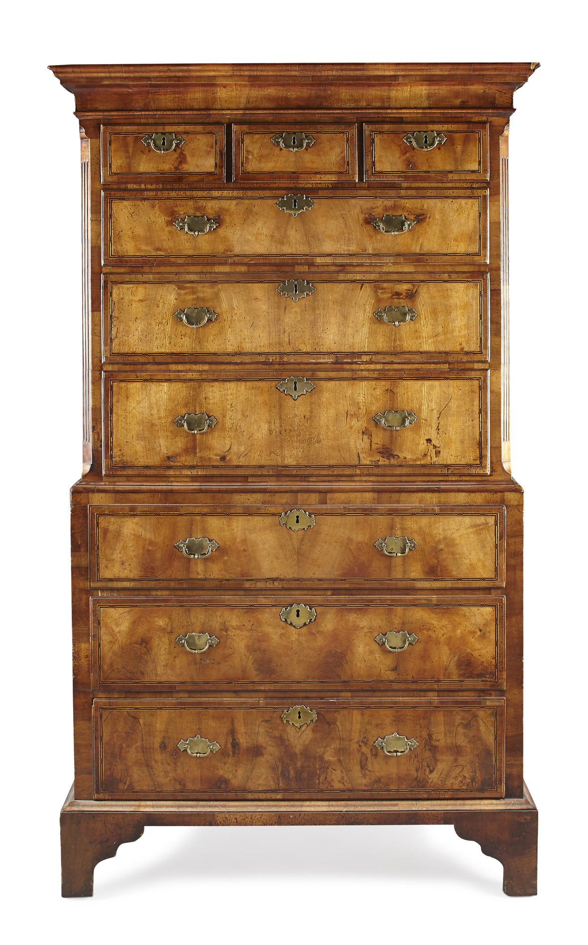 GEORGE I WALNUT AND INLAY CHEST ON CHEST