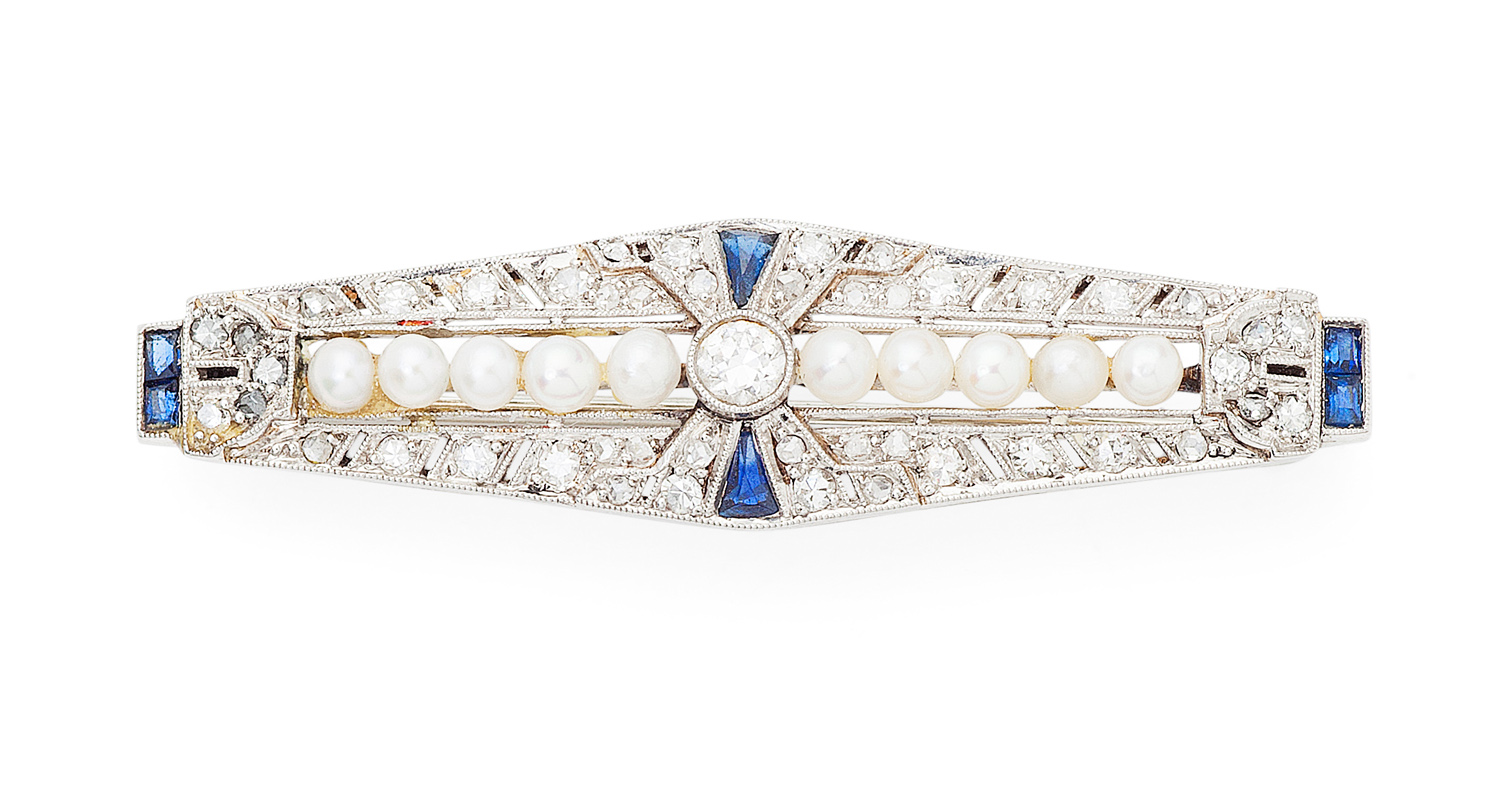 An Art Deco diamond, sapphire and pearl brooch