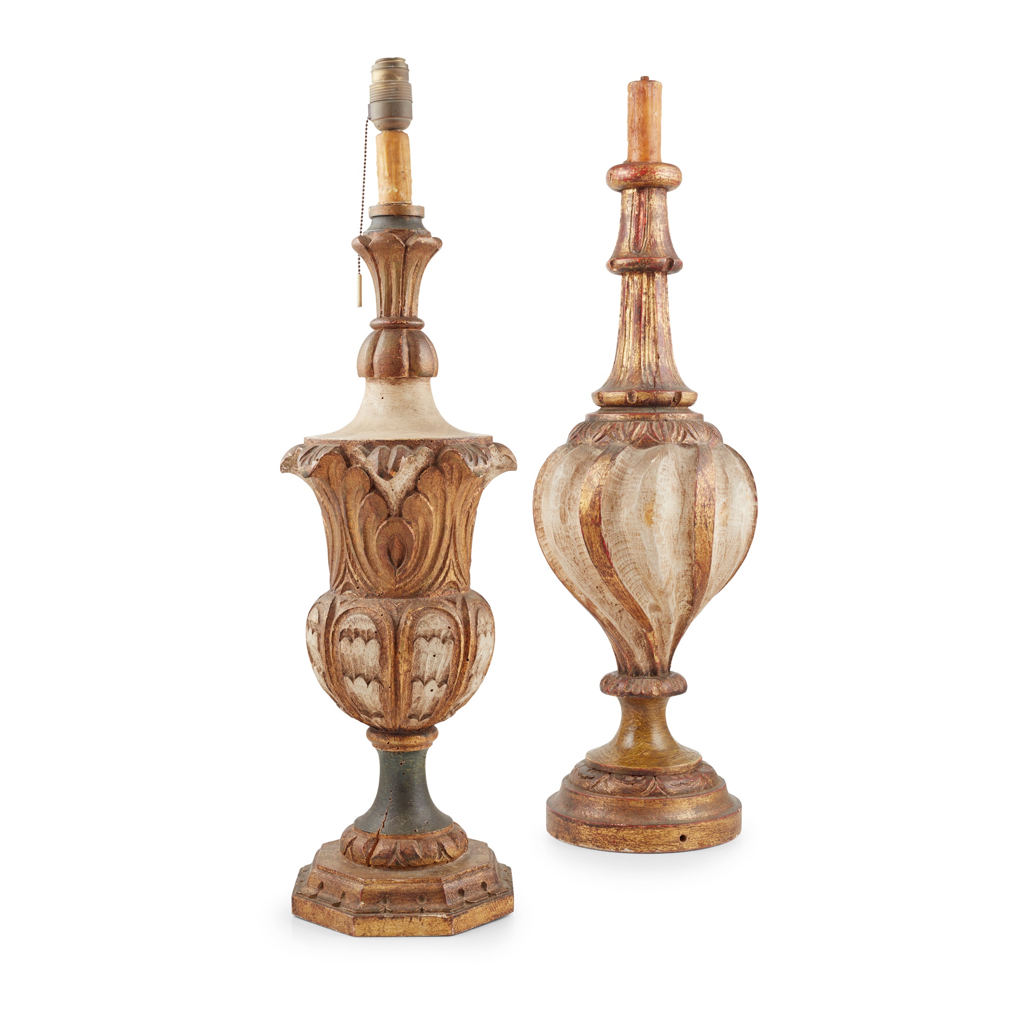 TWO SPANISH CARVED AND POLYCHROMED LAMP BASES