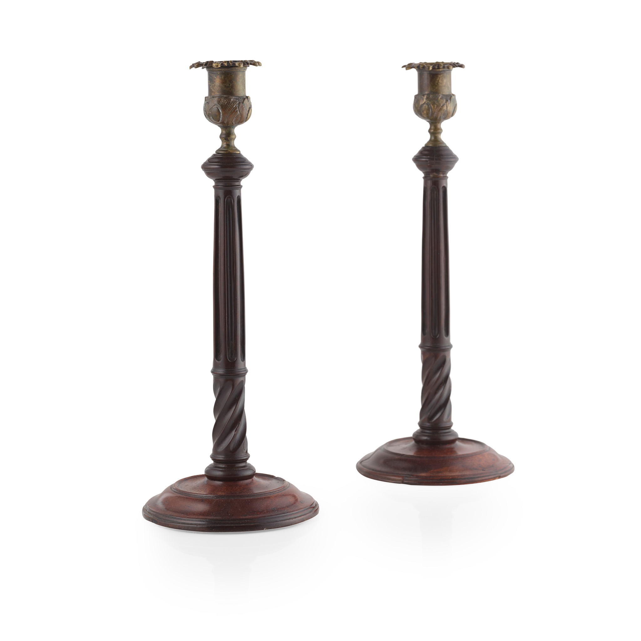 PAIR OF GEORGE III MAHOGANY AND BRASS CANDLESTICKS