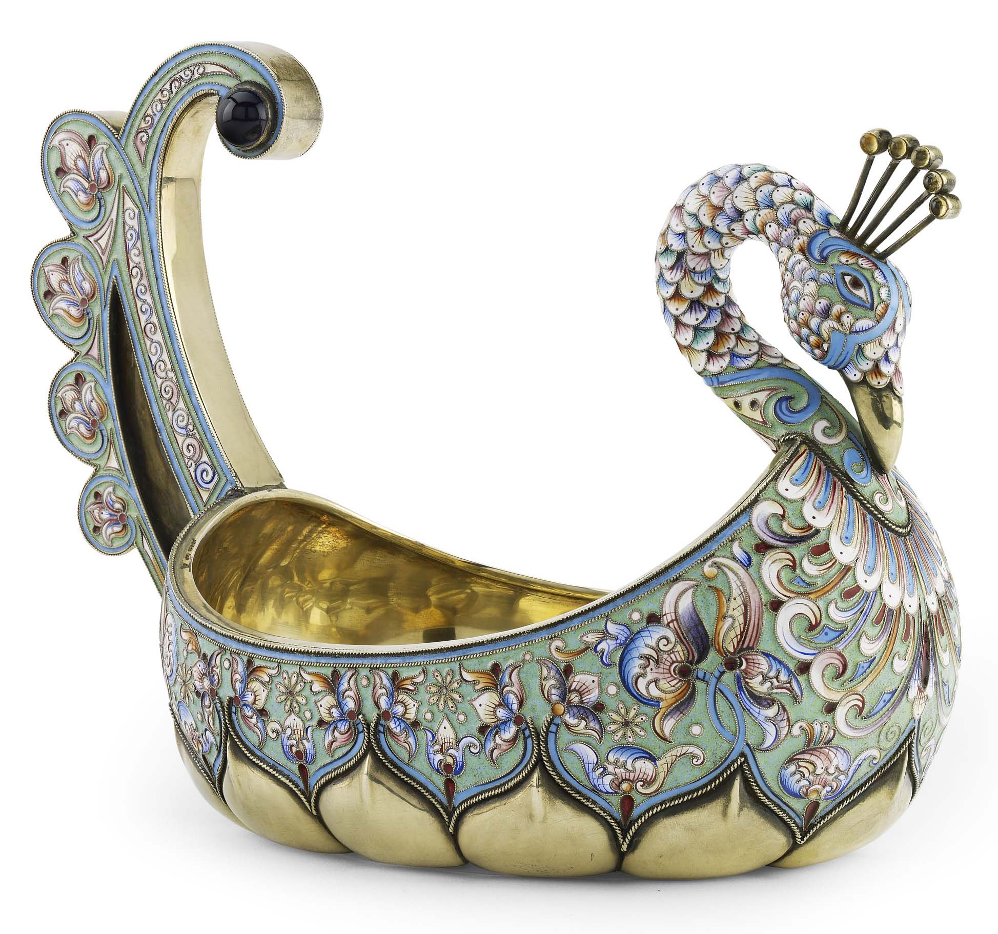 A silver-gilt and cloisonne enamel kovsch,