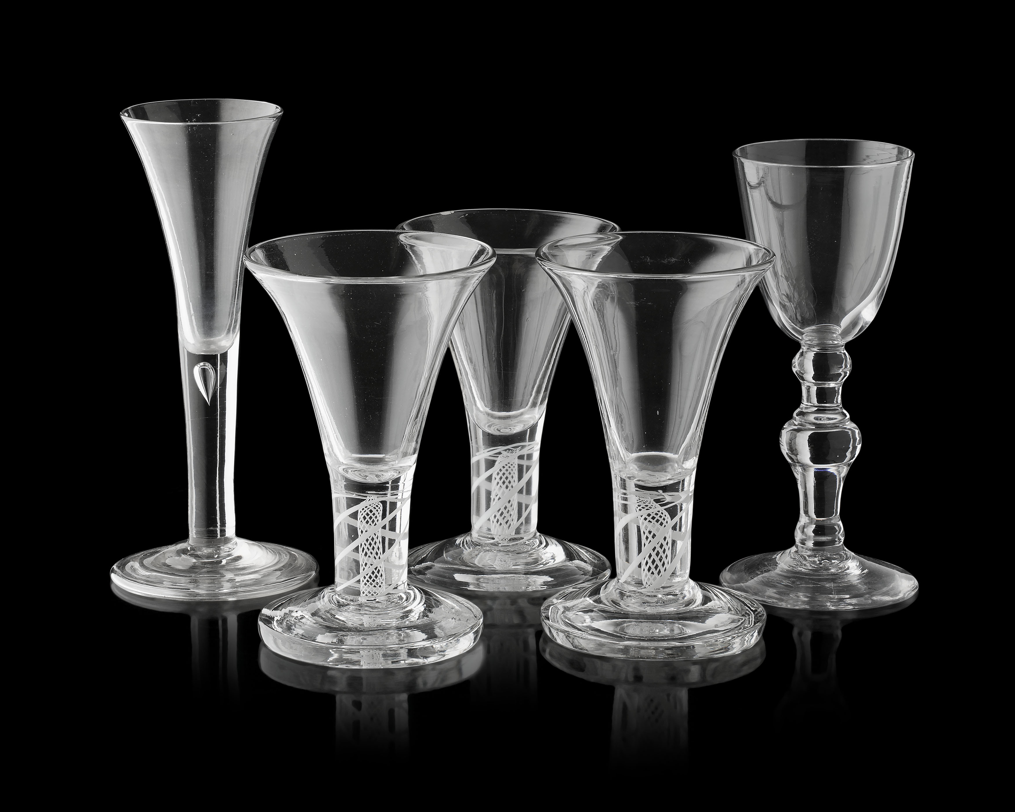 SET OF THREE ENGLISH DOUBLE TWIST STEM WINE GLASSES