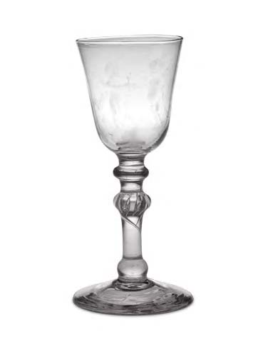 A fine Dutch stipple engraved 'Newcastle' composite stemmed cordial glass, circa 1760,