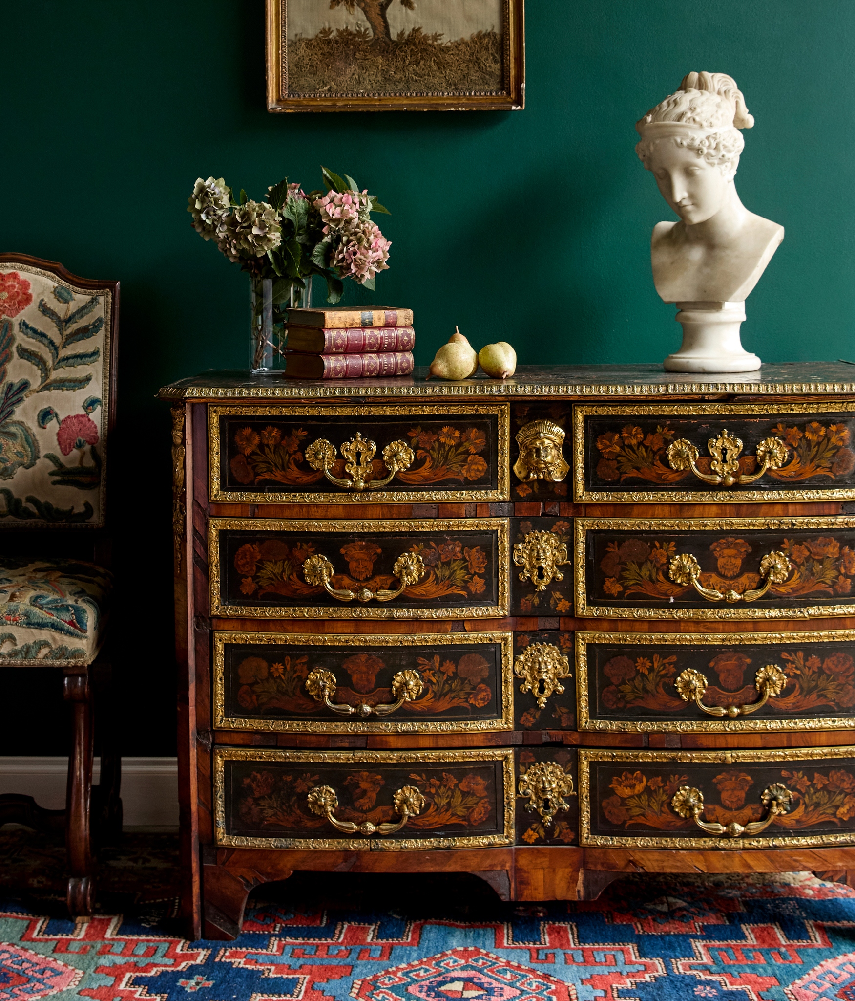 LOUIS XIV EBONY, EBONISED FRUITWOOD, AND IVORY MARQUETRY AND ORMOLU MOUNTED COMMODE, POSSIBLY BY AUBERTIN GAUDRON