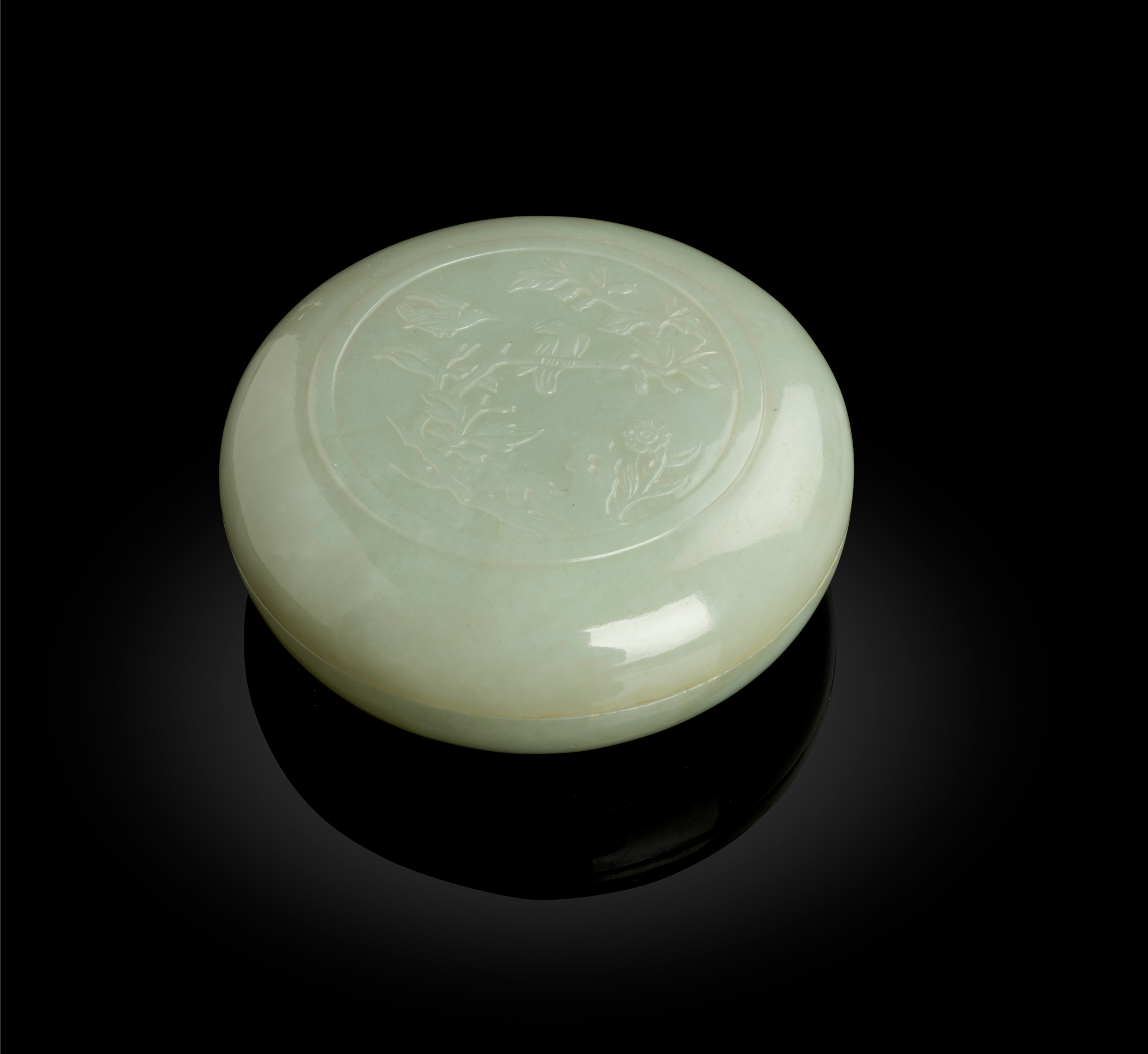 CHINESE PALE CELADON JADE 'BIRD AND FLOWER' CIRCULAR BOX AND COVER