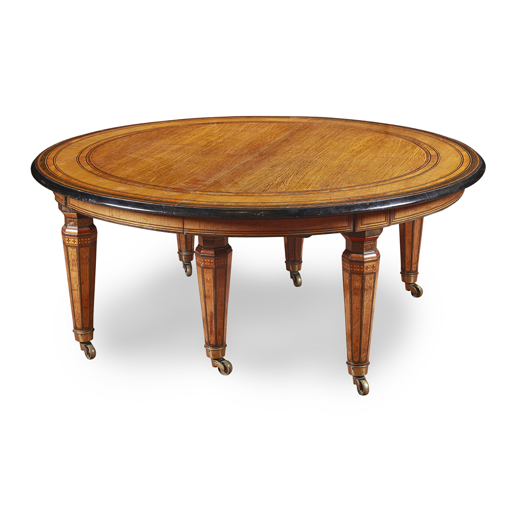 FINE AND LARGE VICTORIAN MAHOGANY, SATINWOOD, EBONY, BOXWOOD AND MARQUETRY EXTENDING DINING TABLE, IN THE MANNER OF JACKSON & GRAHAM