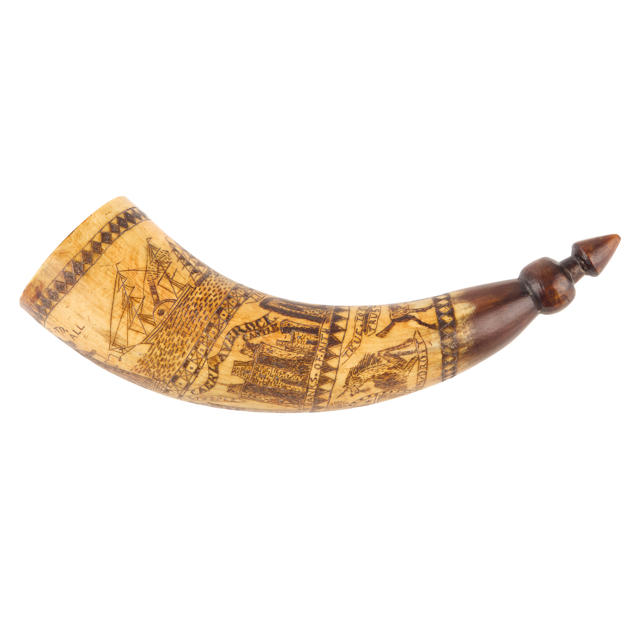 A 19TH CENTURY SCOTTISH SCRIMSHAW POWDER HORN