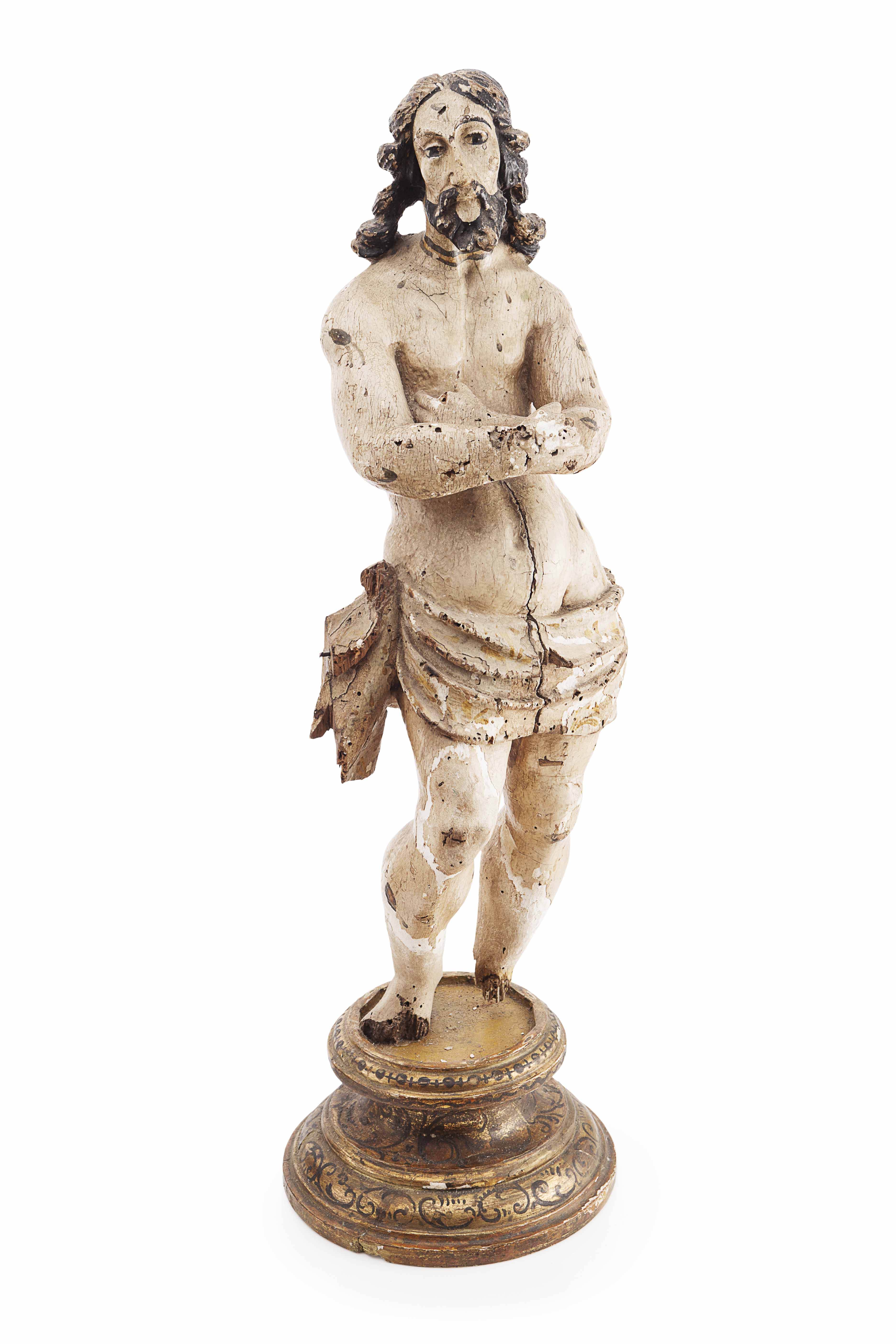 CONTINENTAL CARVED WOOD, GESSO AND POLYCHROME FIGURE OF CHRIST