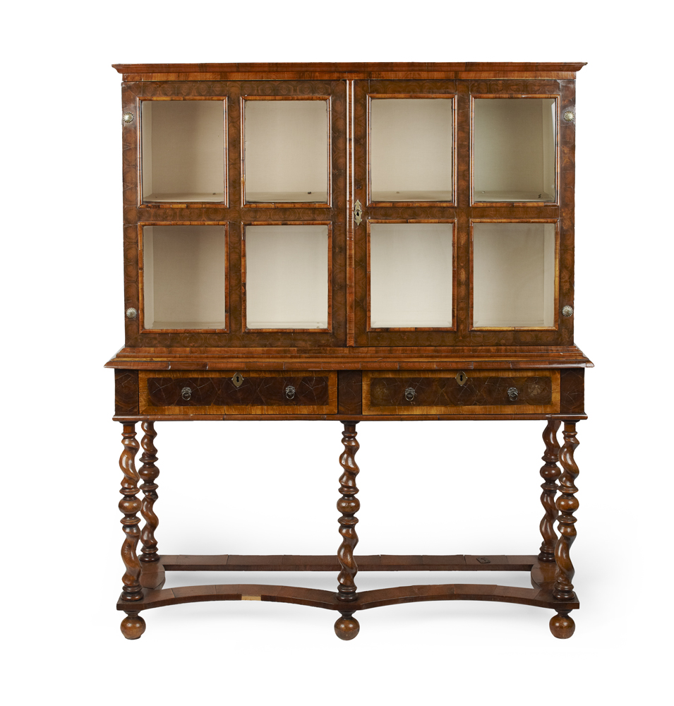 OYSTER VENEERED WALNUT TWO DOOR DISPLAY CABINET ON STAND