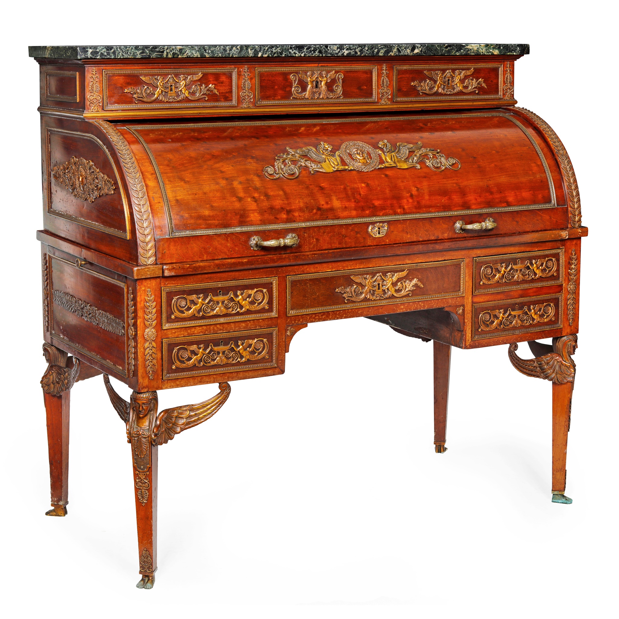 FRENCH EMPIRE MARBLE TOPPED MAHOGANY BUREAU A CYLINDRE