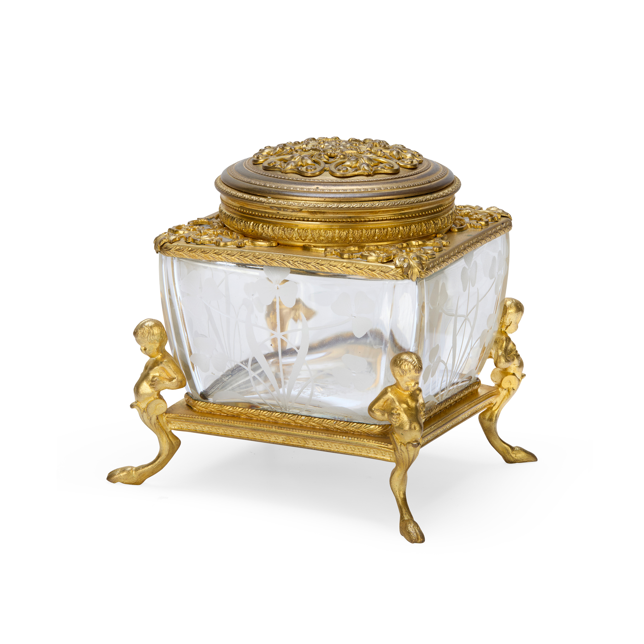 A FRENCH GILT BRONZE AND ETCHED GLASS BONBONNIÈRE