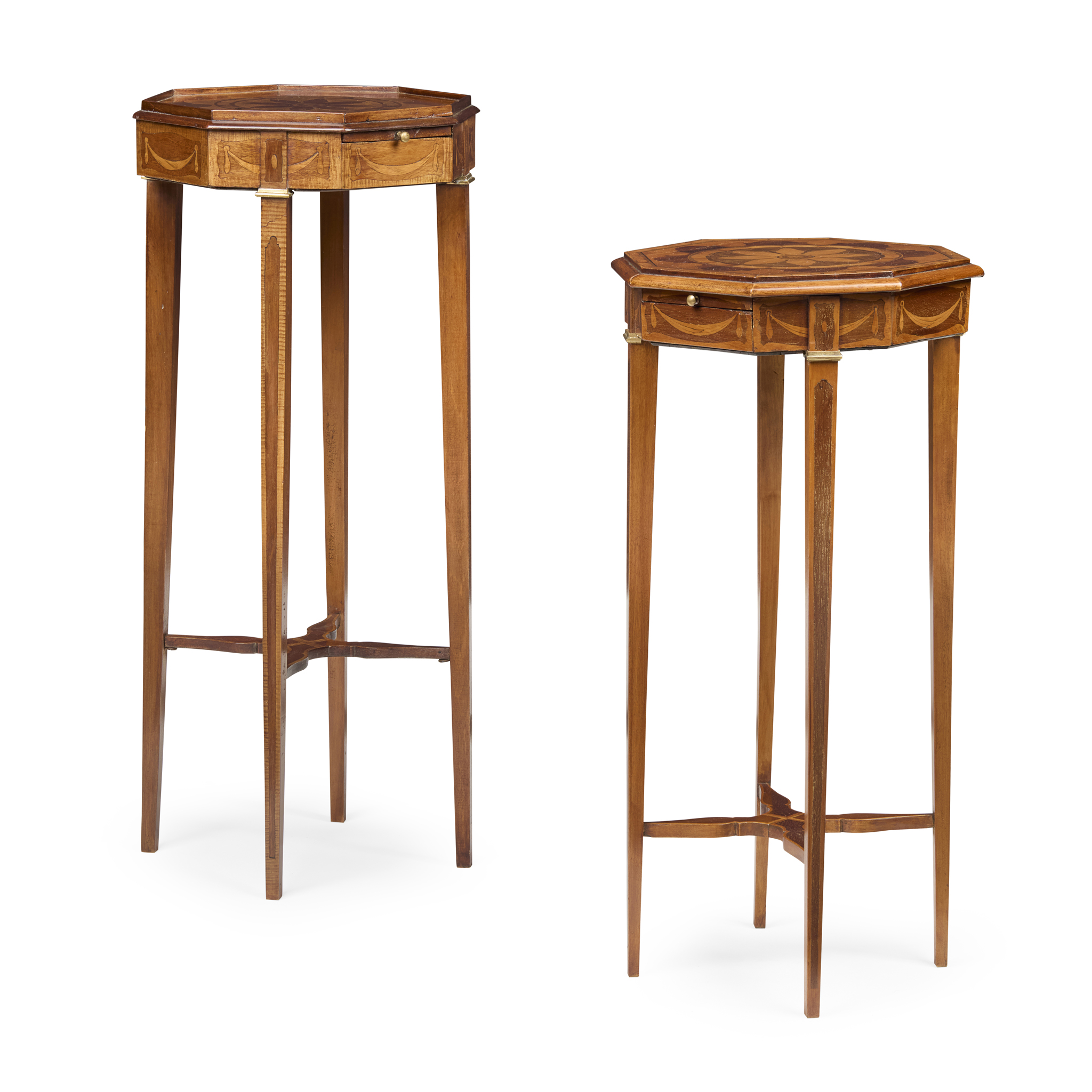MATCHED PAIR OF SHERATON STYLE MARQUETRY URN STANDS